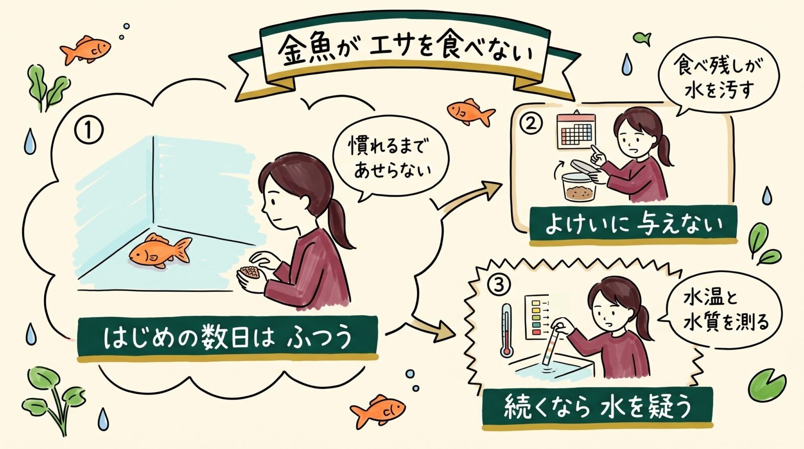 金魚がエサを食べないときのグラレコ（グラフィックレコーディング）。はじめの数日はふつうで、慣れるまであせらない。よけいに与えない。食べ残しが水を汚す。続くなら水を疑い、水温と水質を測る