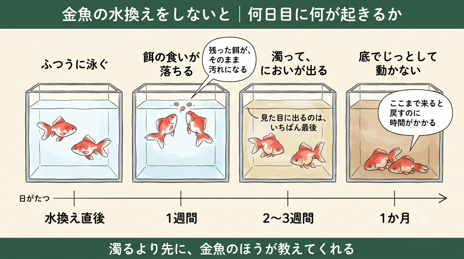 金魚の水換えをしないとどうなるか。1週間・2〜3週間・1か月で水と金魚がどう変わるか