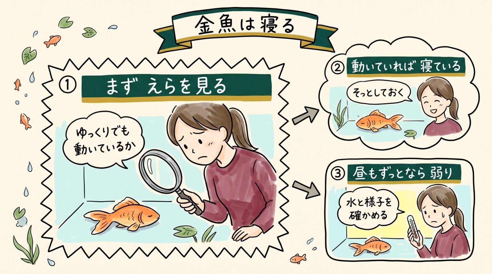 金魚が寝ているか弱っているかを見分けるグラレコ（グラフィックレコーディング）。まずえらを見る。ゆっくりでも動いていれば寝ているのでそっとしておく。昼もずっと動かないなら弱り
