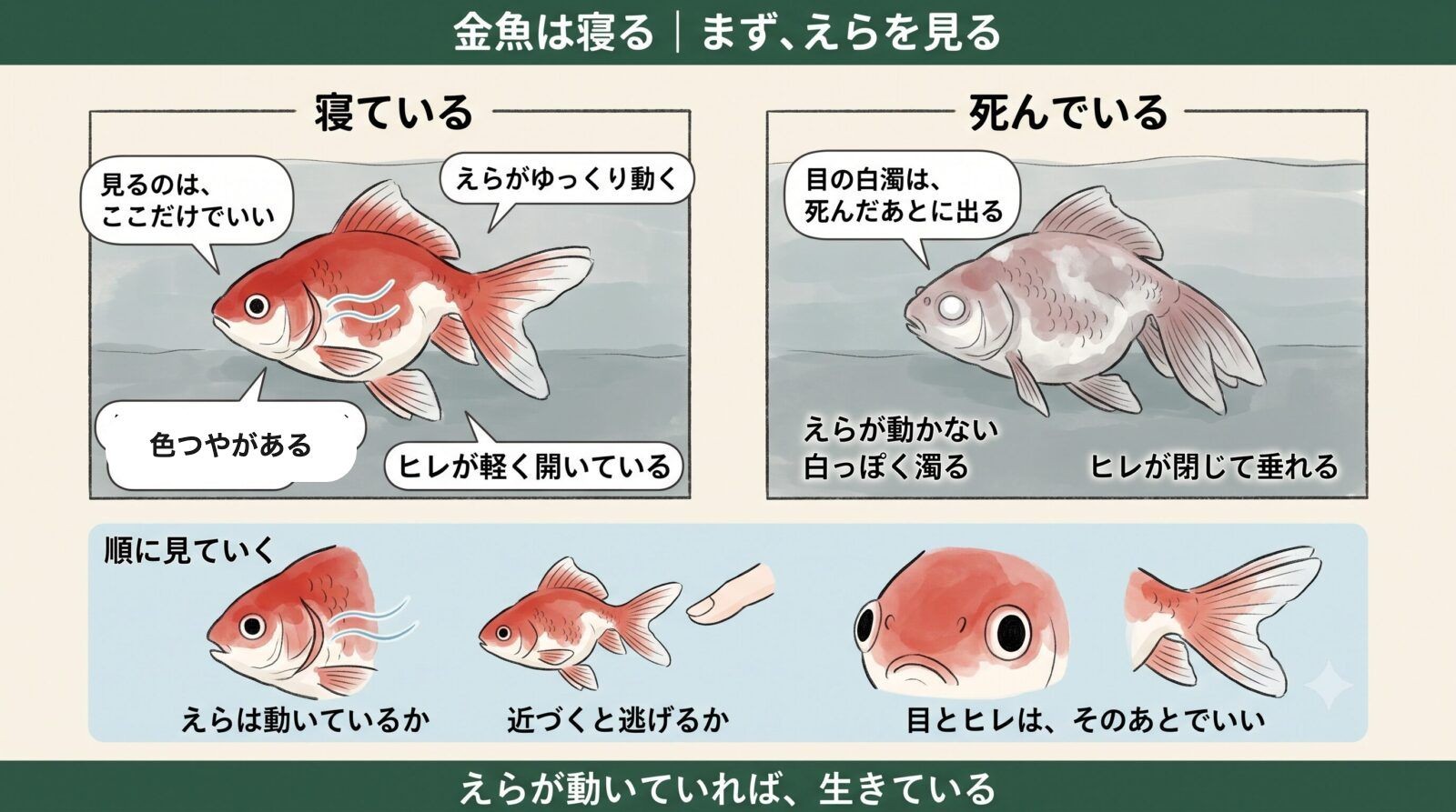 寝ている金魚と死んでいる金魚の見分け方。えら・色つや・ヒレで見る