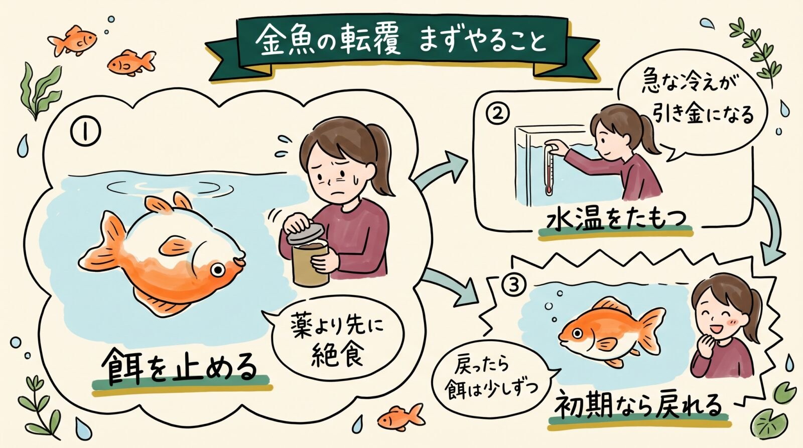 金魚の転覆病の初期対応のグラレコ（グラフィックレコーディング）。まず餌を止める（薬より先に絶食）、水温をたもつ（急な冷えが引き金になる）、初期なら戻れる。戻ったら餌は少しずつ
