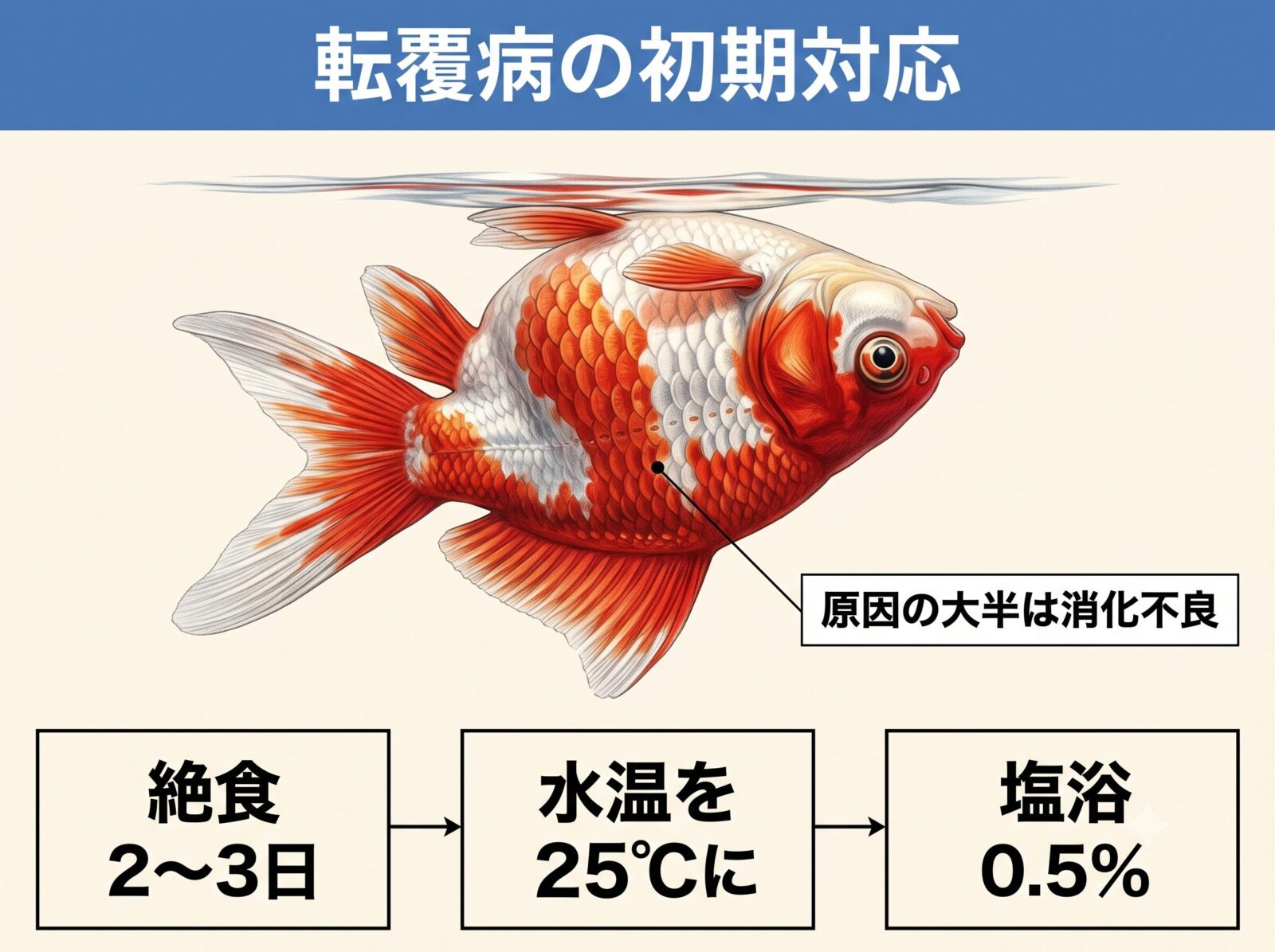 金魚の転覆病の初期対応の図解。絶食2〜3日、水温を25℃に、塩浴0.5%。原因の大半は消化不良