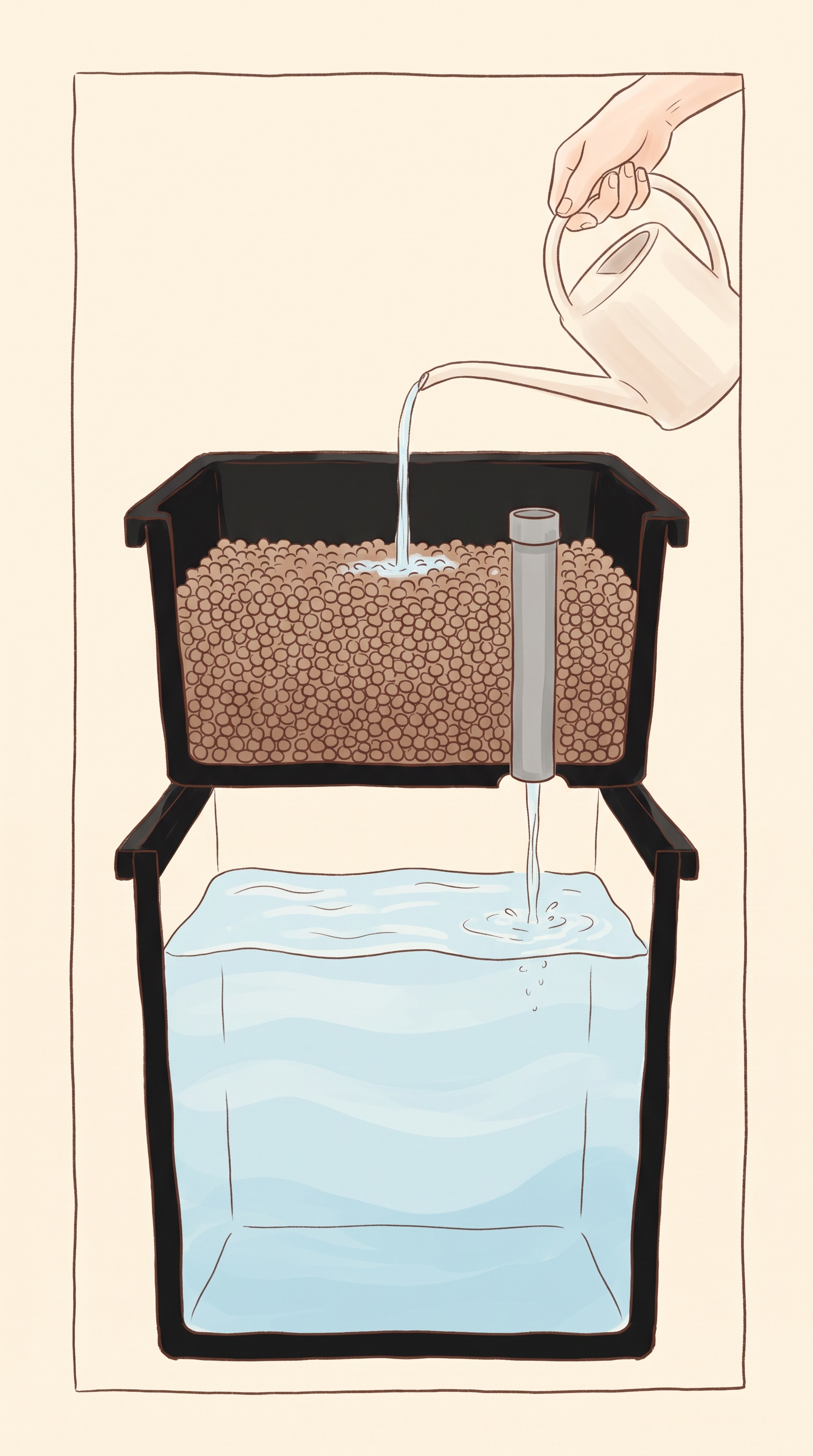 アクアポニックスの立ち上げで水を入れる順番のイラスト。先に下の水槽へ8分目まで、次に上の栽培槽へジョウロでゆっくり注ぎ、立管から下へ水が落ちはじめたら止める