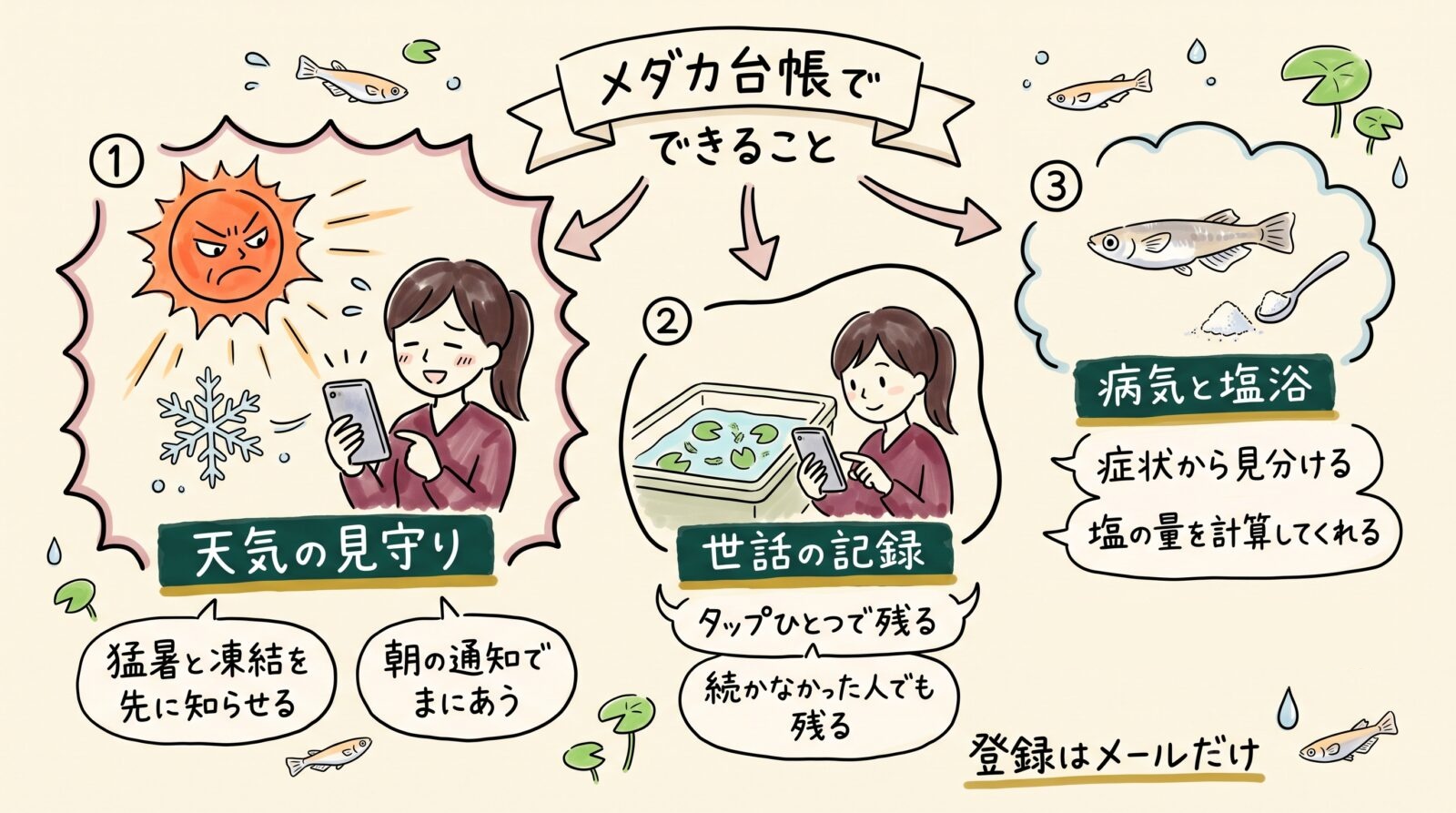メダカ台帳でできることのグラレコ（グラフィックレコーディング）。天気の見守りは猛暑と凍結を先に知らせて、朝の通知でまにあう。世話の記録はタップひとつで残り、続かなかった人でも残る。病気と塩浴は症状から見分けて、塩の量を計算してくれる。登録はメールだけ