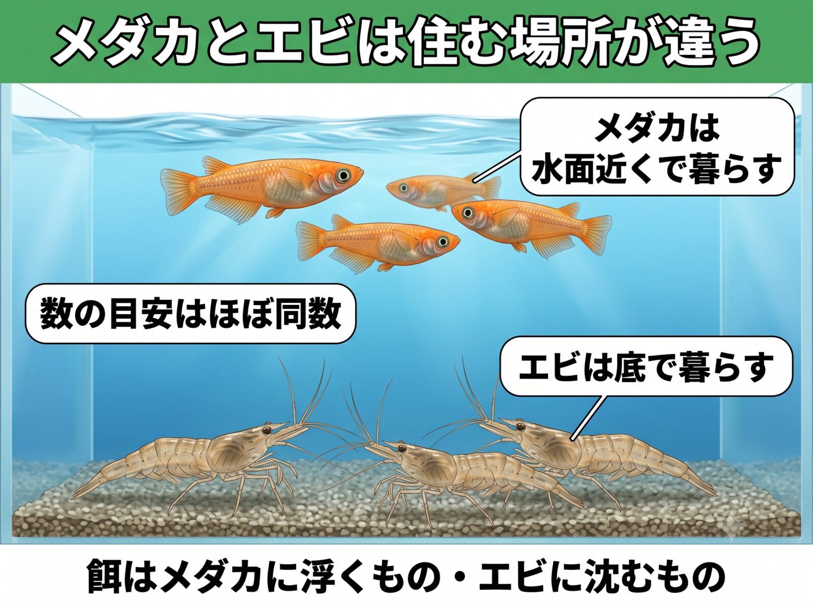 メダカとエビの住み分けの図解。メダカは水面近く、ミナミヌマエビは底で暮らす。数の目安はほぼ同数