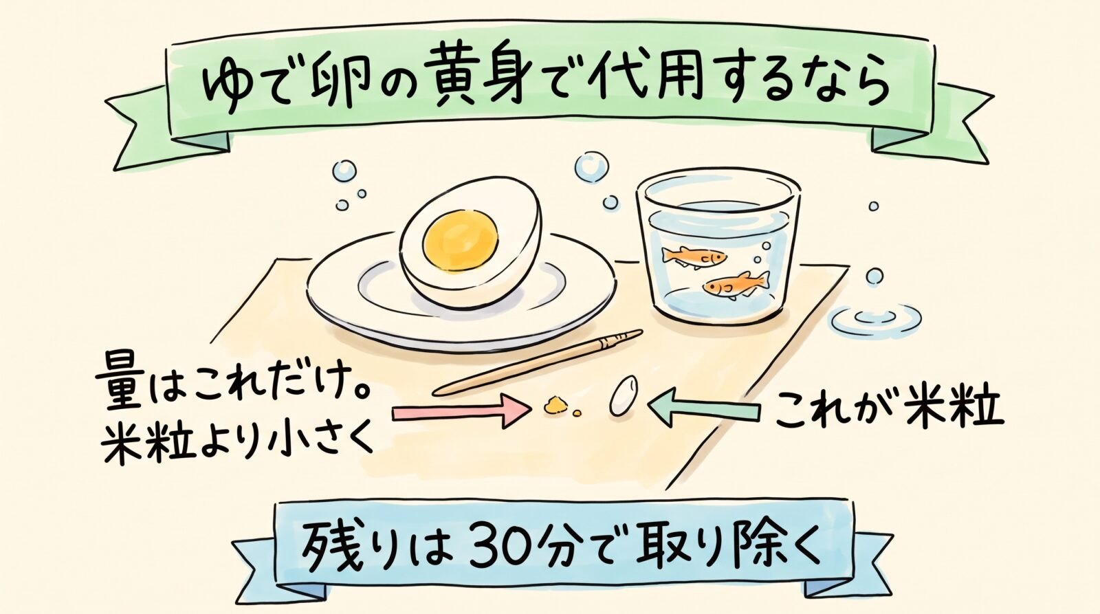 メダカの餌をゆで卵の黄身で代用するときの量のイラスト図解。量は米粒より小さいひとかけだけ。残りは30分で取り除く