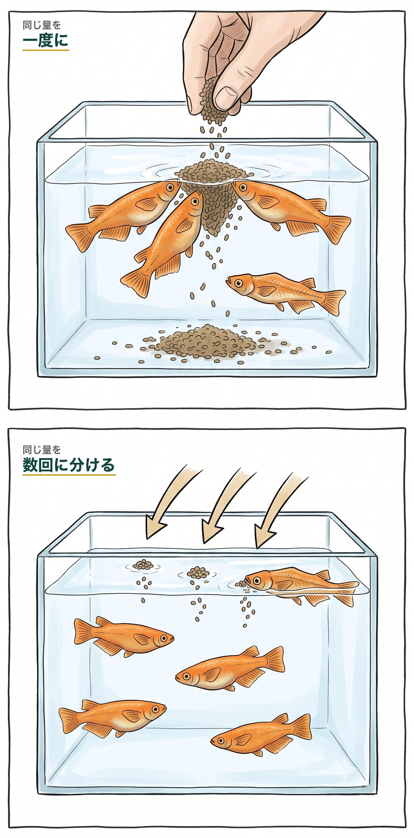 メダカが1匹だけ痩せているときの餌の与え方。一度にたくさん与えると強い個体が食べ尽くし痩せた個体に届かず餌が底に沈む。同じ量を数回に分けると痩せた個体にも行き渡る