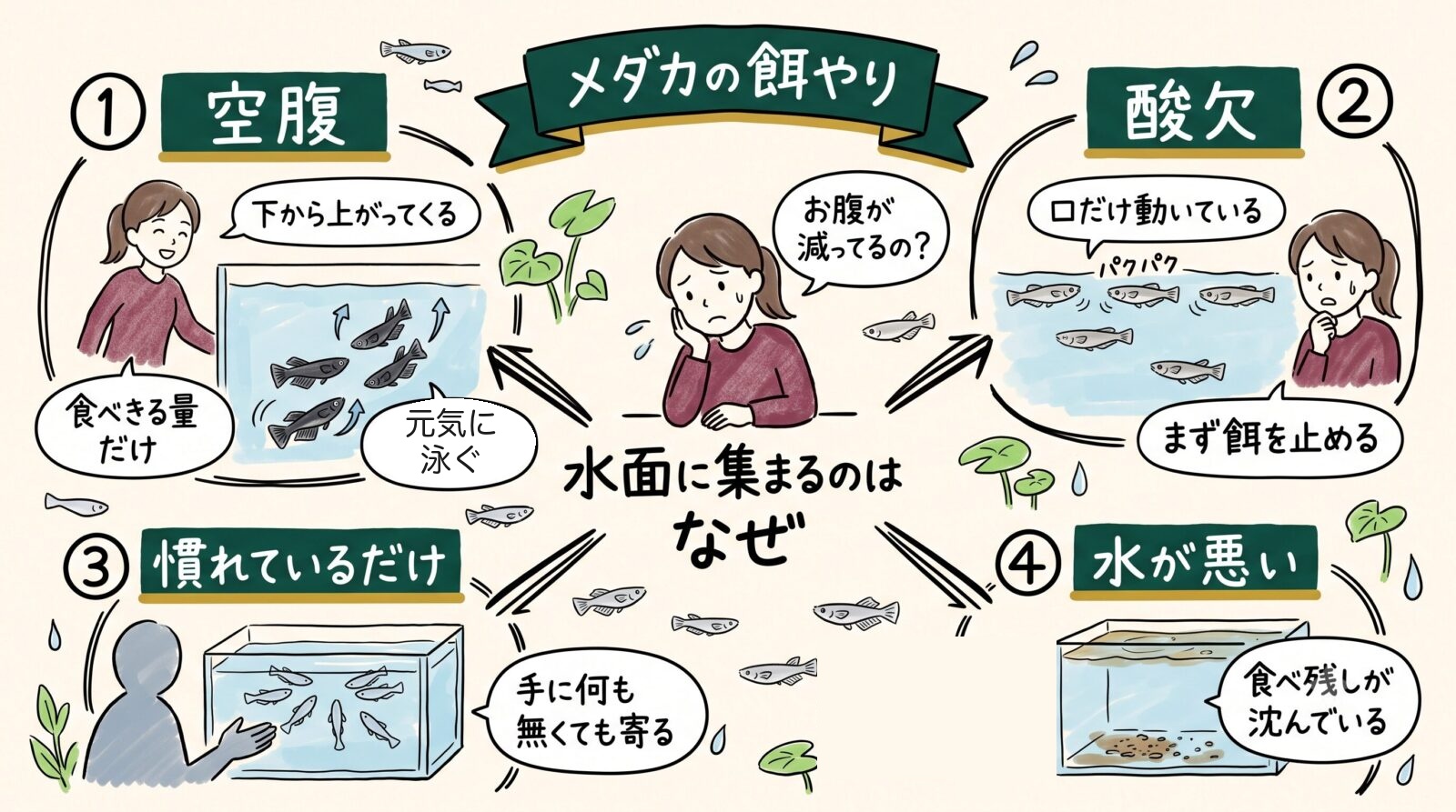 メダカの餌やりのグラレコ（グラフィックレコーディング）。水面に集まるのはなぜか、空腹・酸欠・慣れ・水が悪いの4つに分けて見分ける図解