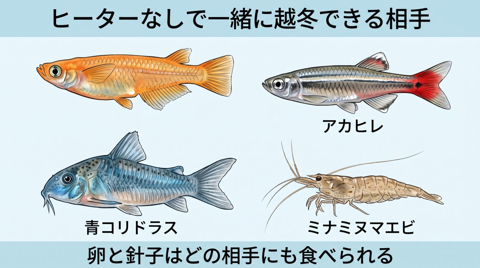ヒーターなしでメダカと一緒に越冬できる相手の図鑑ふうイラスト。アカヒレ、青コリドラス、ミナミヌマエビ。卵と針子はどの相手にも食べられる