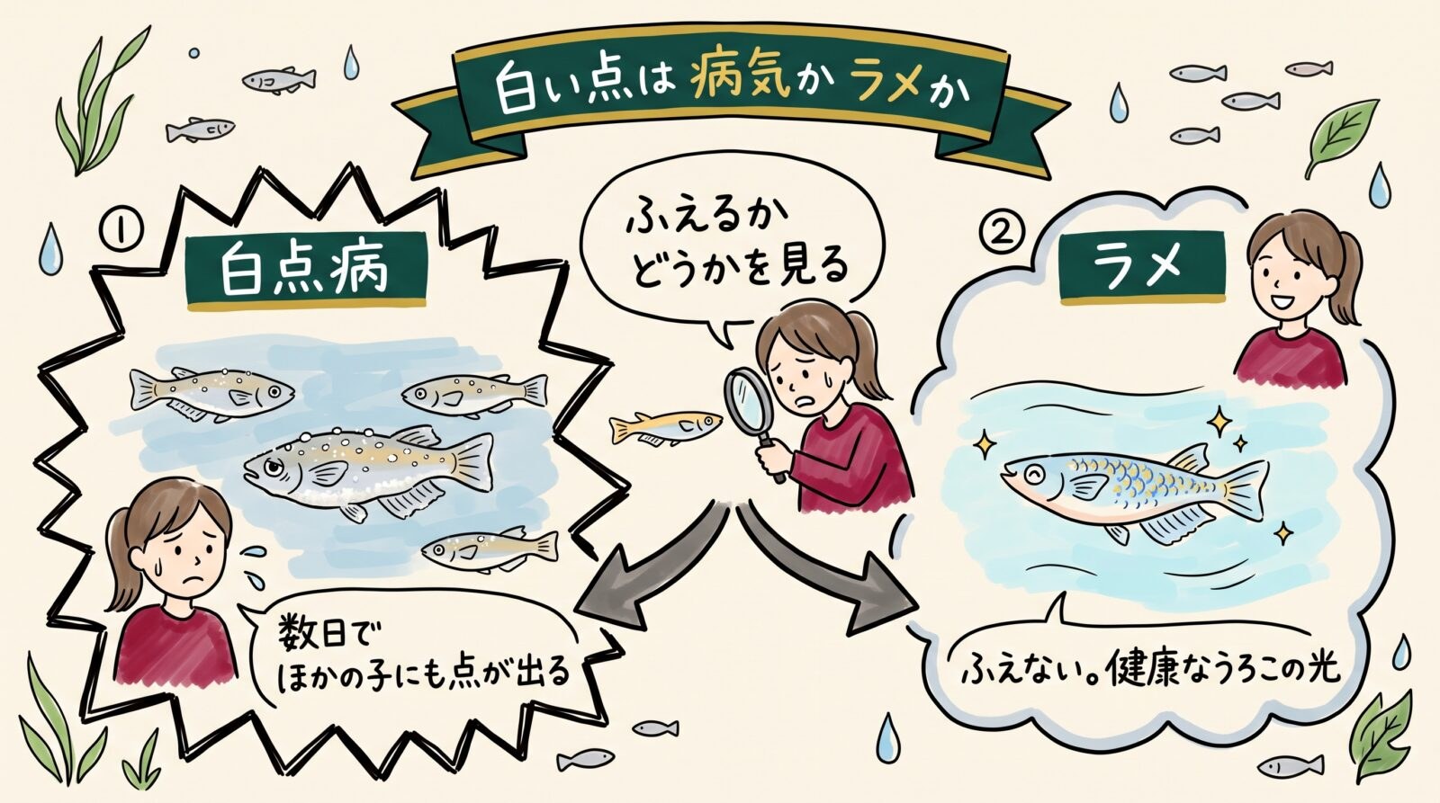 メダカの白い点が白点病かラメかを見分けるグラレコ(グラフィックレコーディング)。増えるかどうかを見る。白点病は数日でほかの個体にも点が出る。ラメは増えない健康なうろこの光