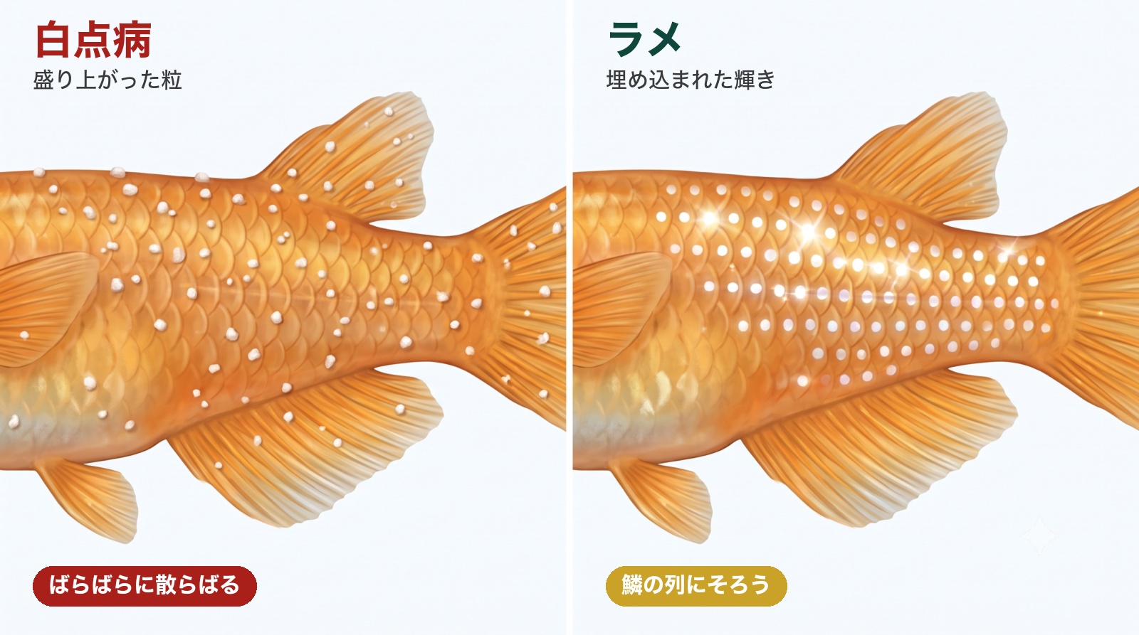 メダカの白点病とラメの見分け方。白点病は体の表面から盛り上がった白い粒が大きさもばらばらに散らばりひれにも付く。ラメは鱗に埋め込まれた輝きで盛り上がりがなく鱗の列にそろう