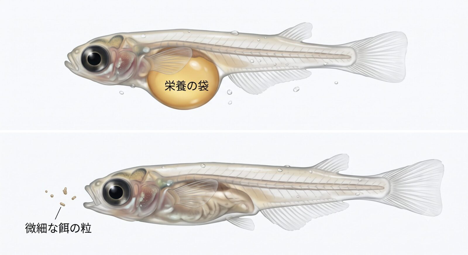 メダカの孵化直後の針子。お腹の栄養の袋があるうちは餌が要らず、消えてから微細な餌を与える