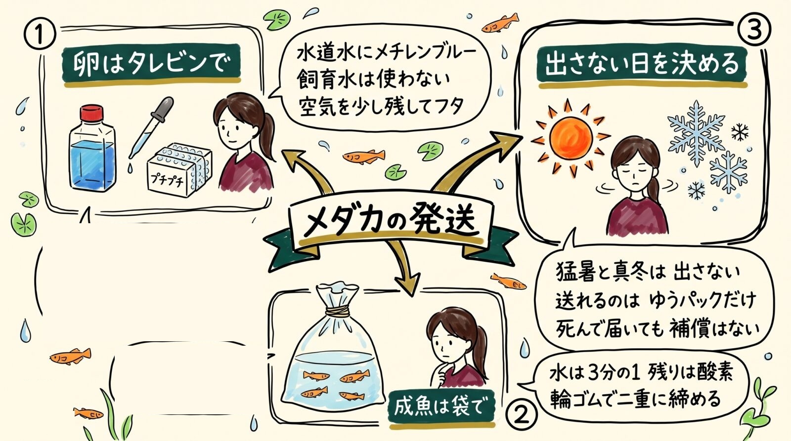 メダカの発送のグラレコ(グラフィックレコーディング)。卵はタレビンで、水道水にメチレンブルー、飼育水は使わない、空気を少し残してフタ。成魚は袋で、水は3分の1で残りは酸素、輪ゴムで二重に締める。出さない日を決める。猛暑と真冬は出さない。送れるのはゆうパックだけで、死んで届いても補償はない