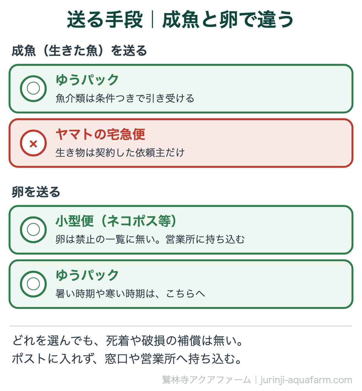 メダカを送る手段の図解。成魚を送るならゆうパックで、ヤマトの宅急便は生き物が契約した依頼主だけ。卵はネコポスなどの小型便でも送れて、営業所に持ち込む。暑い時期や寒い時期の卵はゆうパックへ。どれを選んでも死着や破損の補償は無く、ポストに入れず窓口や営業所へ持ち込む