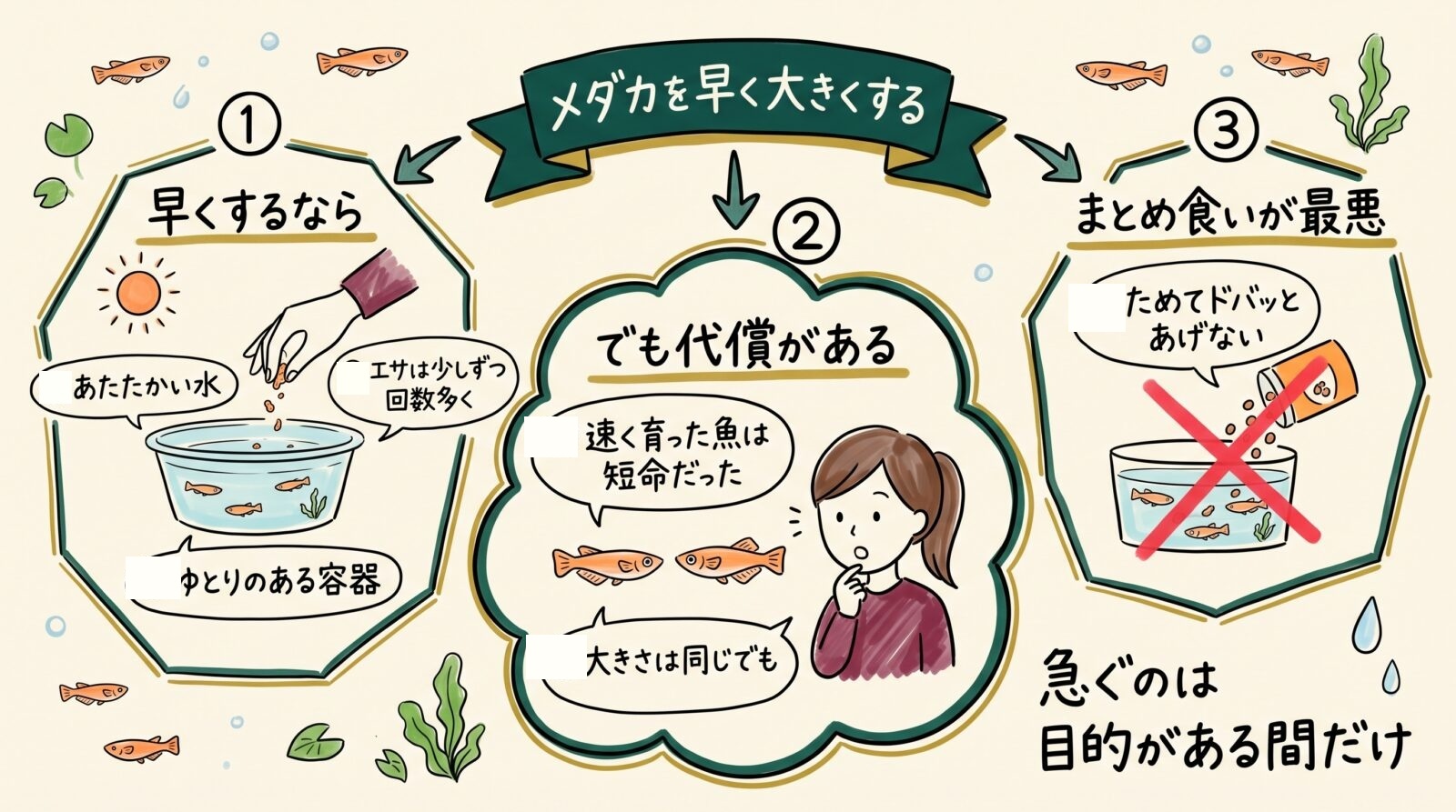 メダカを早く大きくする話のグラレコ（グラフィックレコーディング）。早くするなら、あたたかい水、エサは少しずつ回数多く、ゆとりのある容器。でも代償があり、速く育った魚は大きさは同じでも短命だった。ためてドバッとあげるまとめ食いが最悪。急ぐのは目的がある間だけ