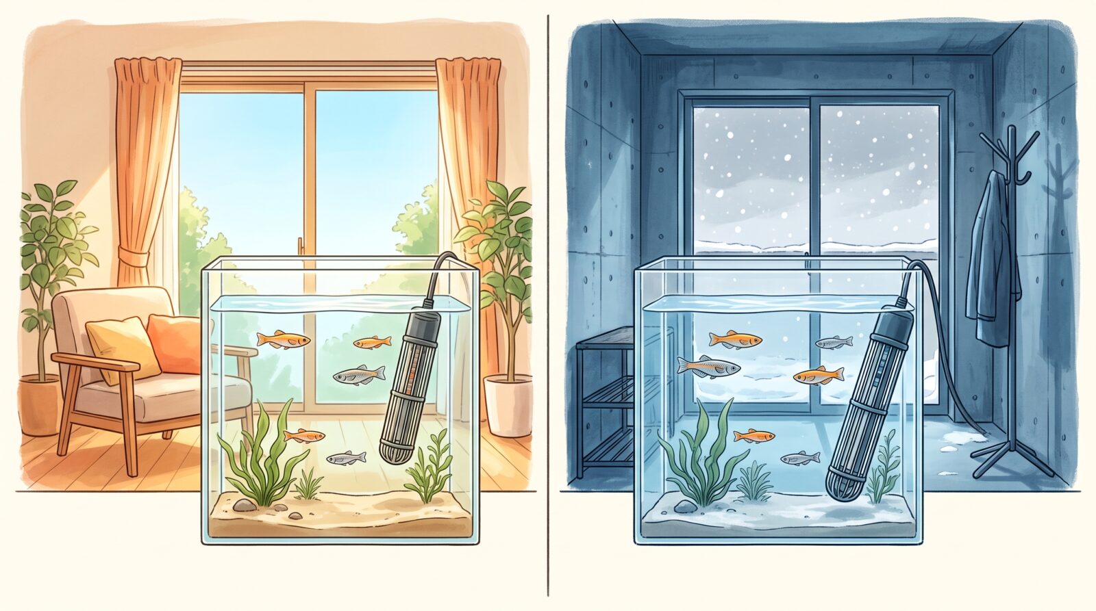 同じ水槽でも置き場所でヒーターの必要なワット数が変わることの比較イラスト。左は日の差すあたたかい居間で小さめのヒーター、右は雪の見える寒い廊下でひとまわり大きいヒーター