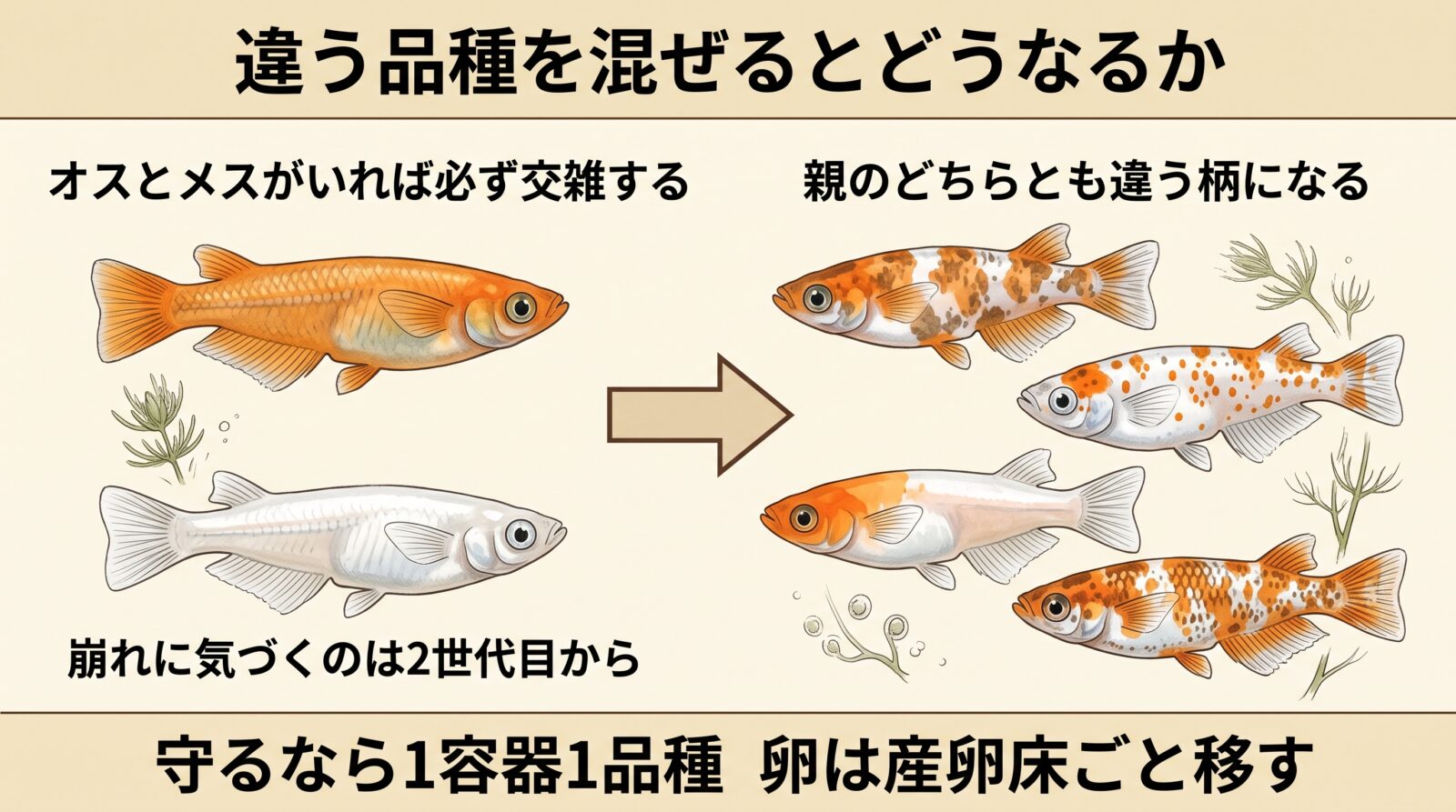 違う品種のメダカを混ぜるとどうなるかの図鑑ふうイラスト。オスとメスがいれば必ず交雑し、子は親のどちらとも違う柄になる。崩れに気づくのは2世代目から。守るなら1容器1品種、卵は産卵床ごと移す
