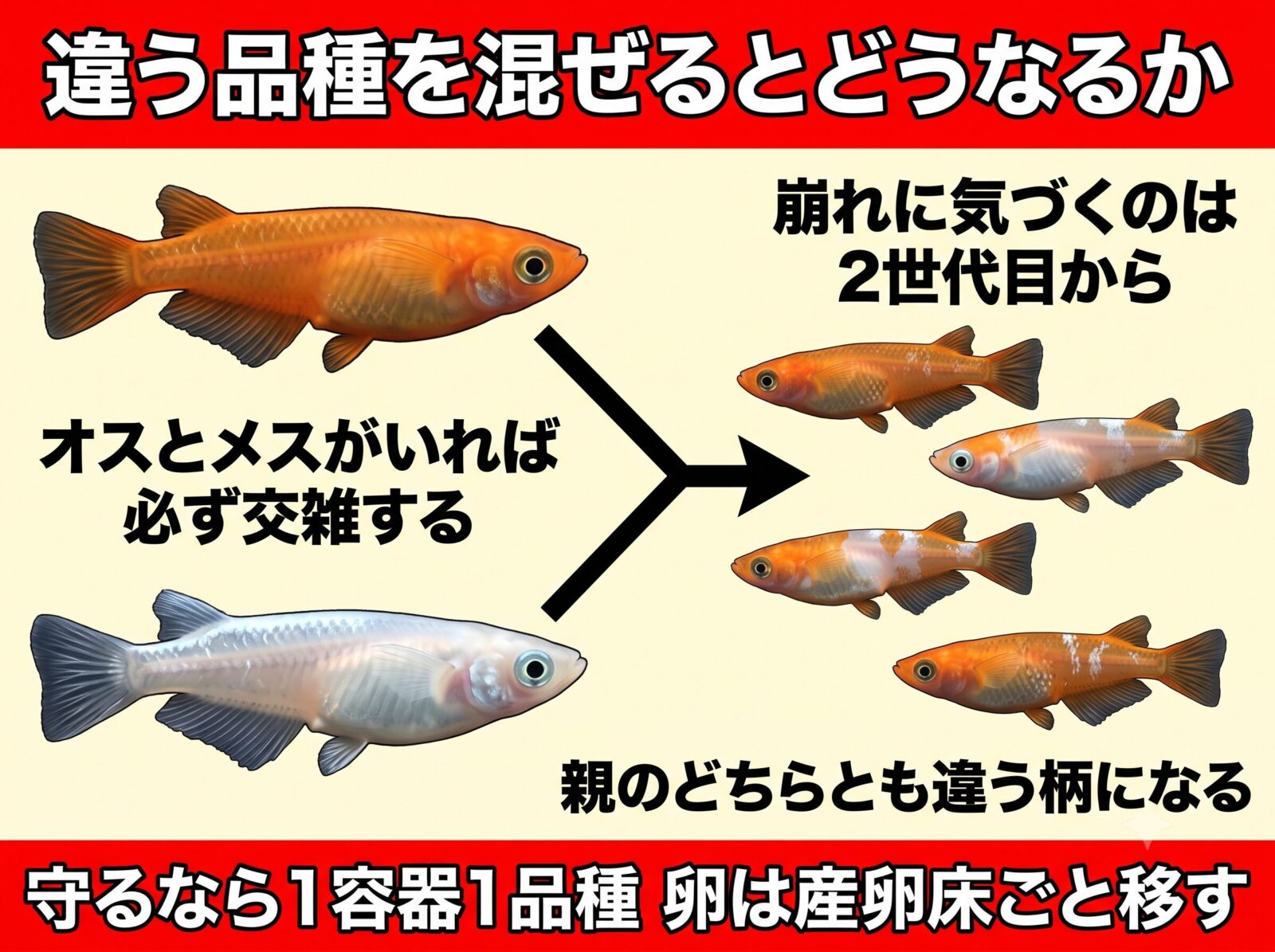 違う品種のメダカを混ぜると起きることの図解。オスとメスがいれば必ず交雑し、親のどちらとも違う柄になる