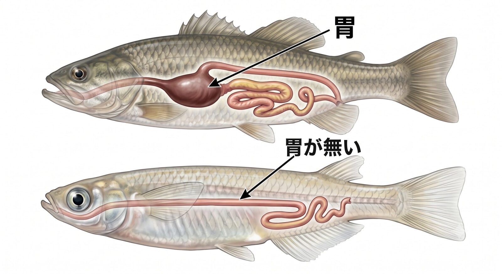 メダカには胃が無い。胃のある魚は口から胃を通って腸へ、メダカは口から腸へまっすぐつながっている