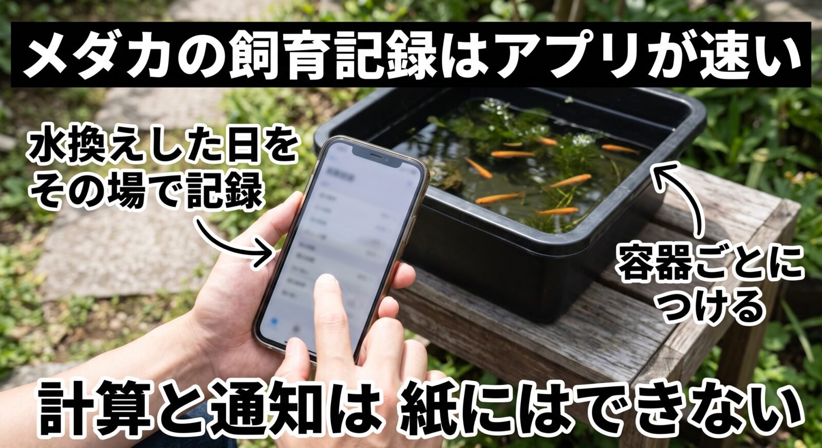 メダカの飼育記録アプリの図解。屋外の容器の前でスマホを持ち、水換えした日をその場で記録する。容器ごとにつける。塩浴の計算と天気の通知は紙にはできない