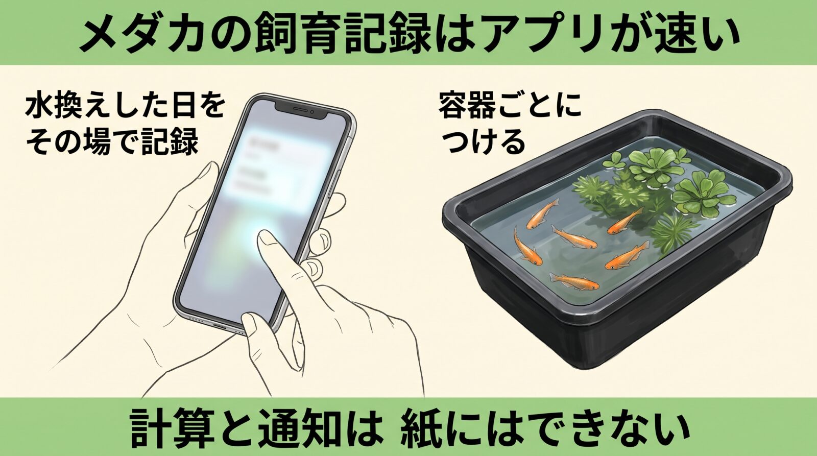 メダカの飼育記録はアプリが速いことの図解イラスト。容器の前でスマートフォンを持っている