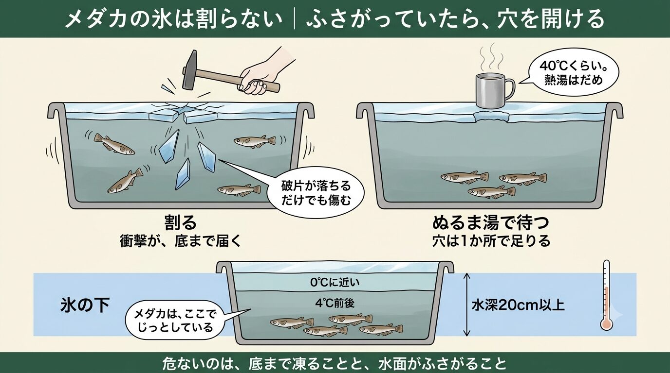 メダカの容器に氷が張ったとき。割らずにぬるま湯で穴を開ける。氷の下の水は4℃前後に保たれる