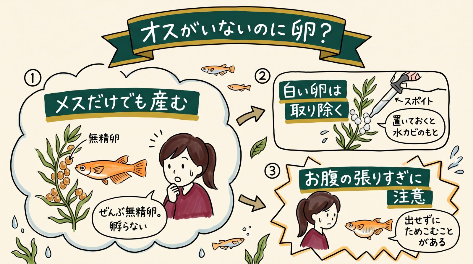 オスがいないのにメダカが卵を産む理由のグラレコ（グラフィックレコーディング）。メスだけでも産むが、ぜんぶ無精卵で孵らない。白い卵は置いておくと水カビのもとになるので取り除く。お腹の張りすぎには注意。出せずにためこむことがある