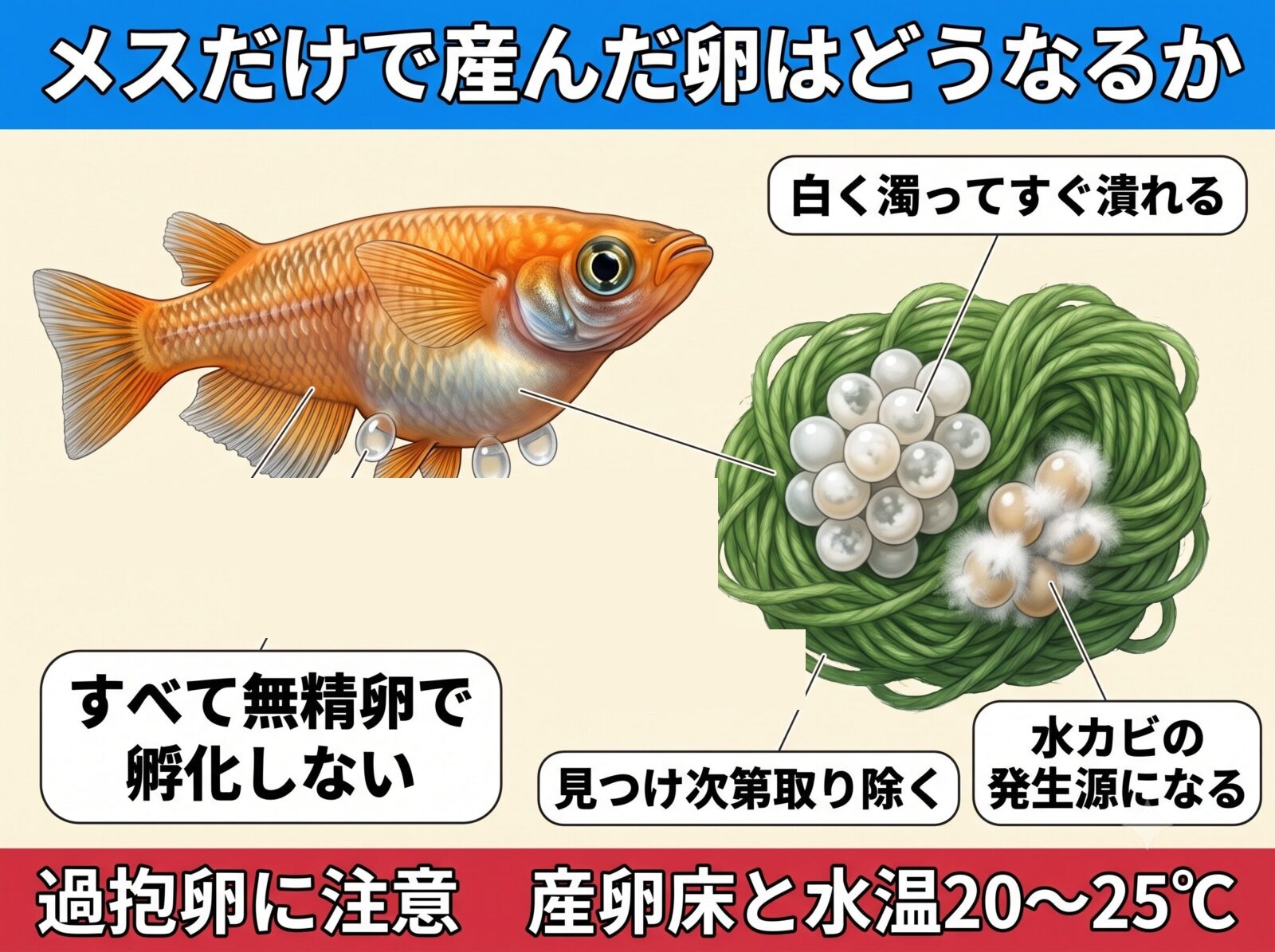 メスだけで産んだメダカの卵の図解。すべて無精卵で孵化せず、白く濁って水カビの発生源になるので見つけ次第取り除く