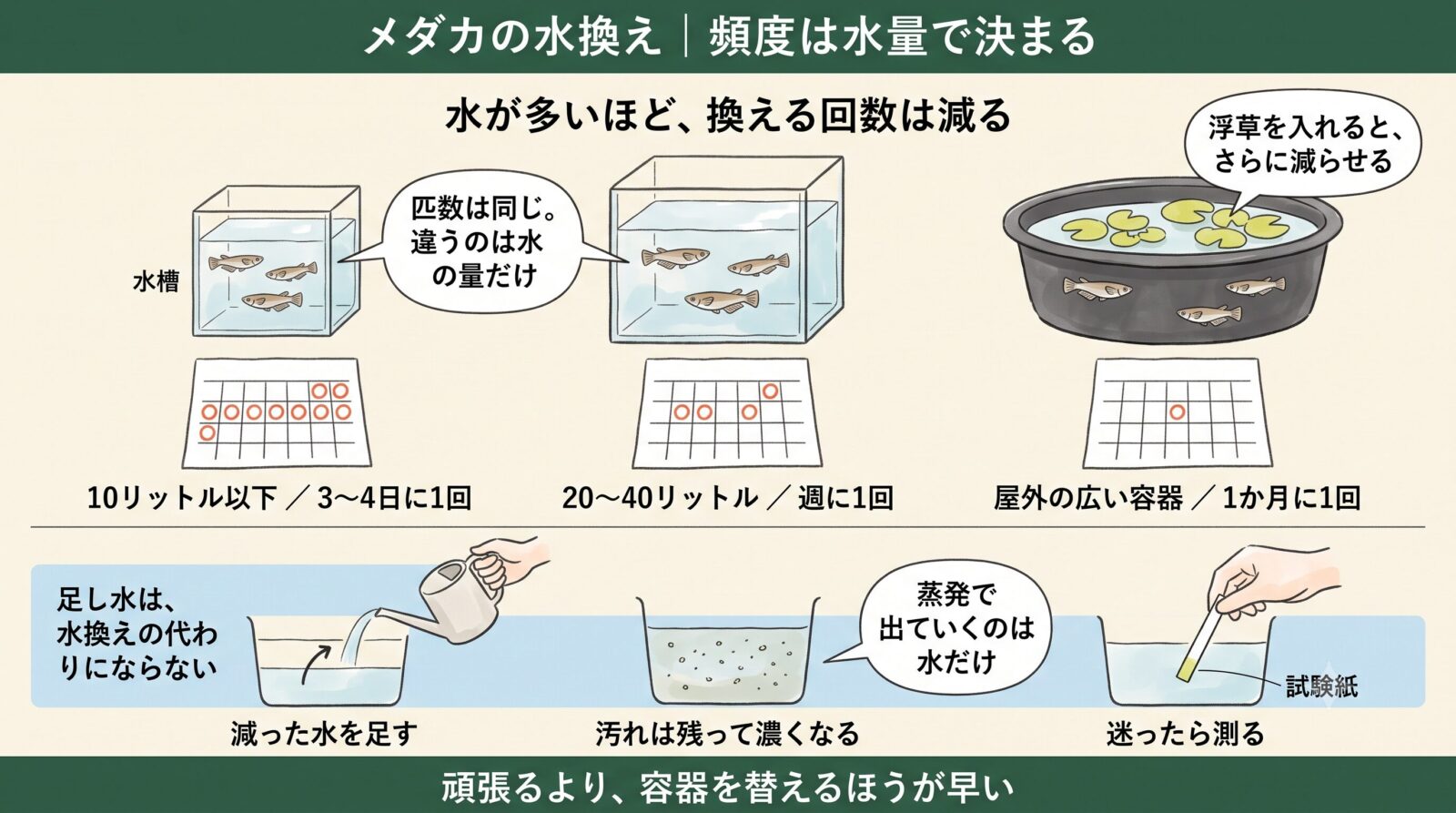 メダカの水換えの頻度は水量で決まる。10L以下は3〜4日に1回、屋外の広い容器は1か月に1回