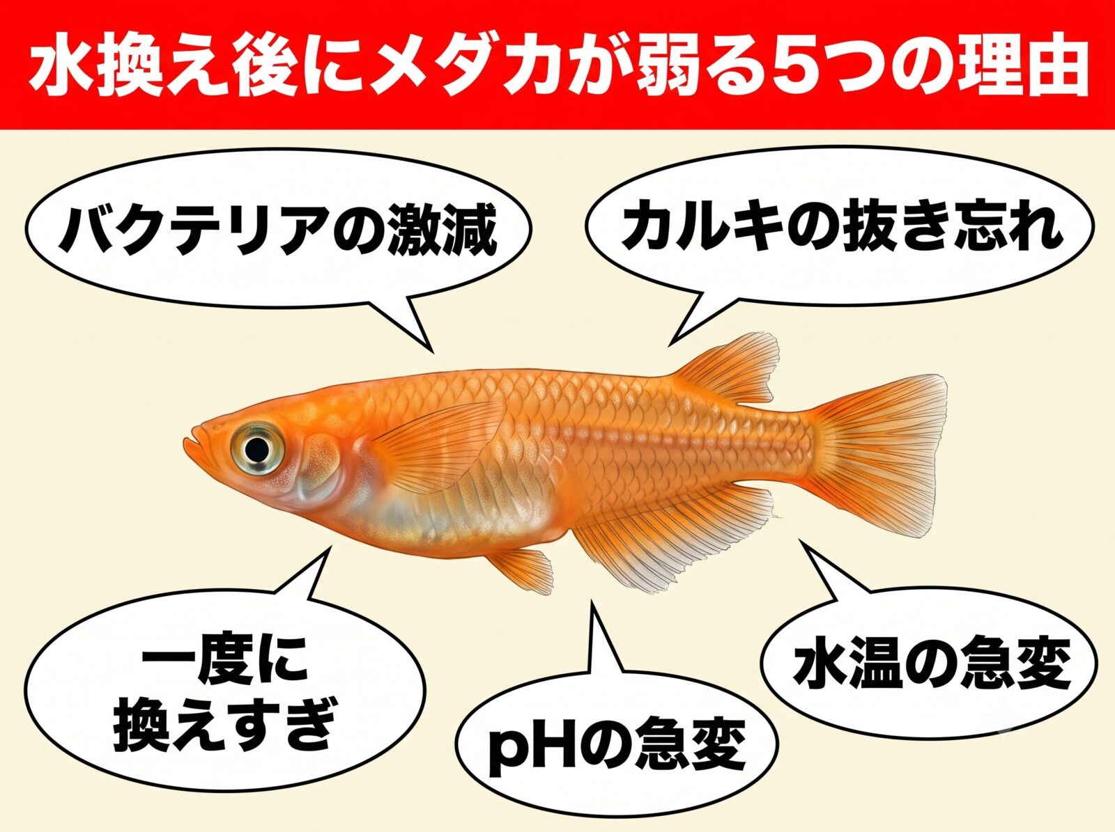 水換え後にメダカが弱る5つの理由の図解。カルキの抜き忘れ・水温の急変・pHの急変・一度に換えすぎ・バクテリアの激減