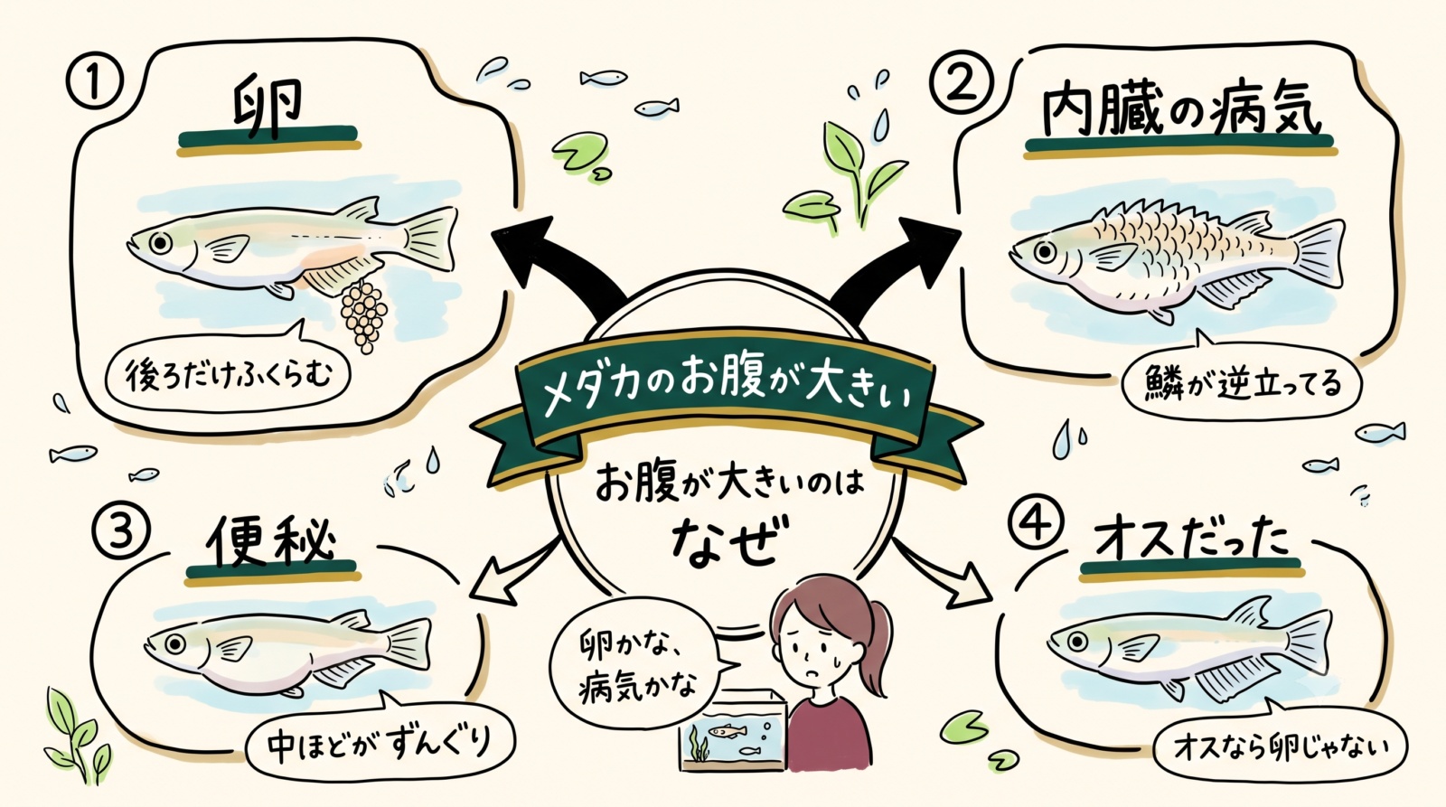 メダカのお腹が大きいのはなぜかのグラレコ（グラフィックレコーディング）。卵は後ろだけふくらむ、内臓の病気は鱗が逆立つ、便秘は中ほどがずんぐり、オスなら卵ではない