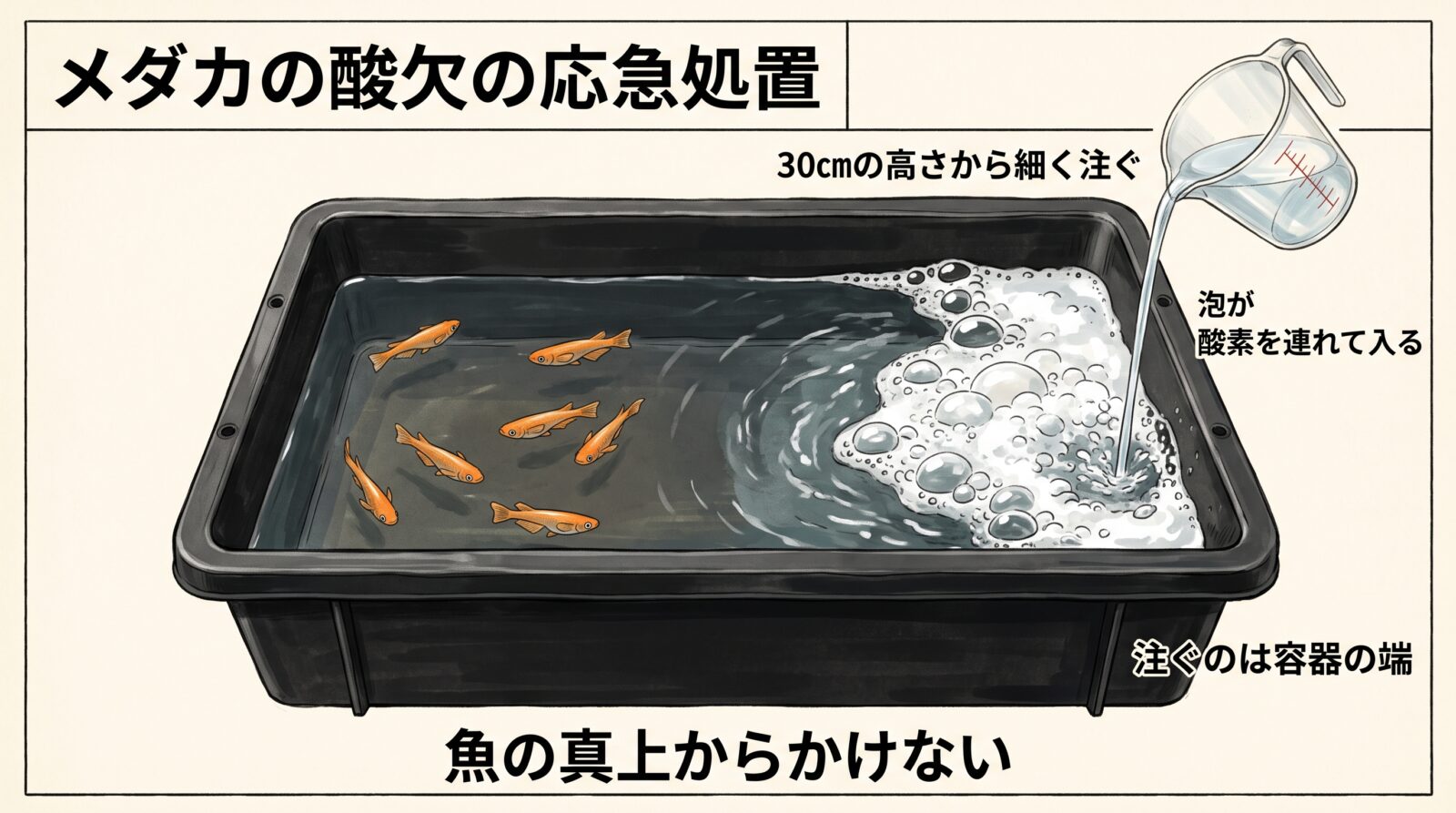 メダカの酸欠の応急処置の図解イラスト。計量カップで30センチの高さから細く注ぐと、泡が酸素を連れて水に入る。注ぐのは容器の端で、魚の真上からかけない