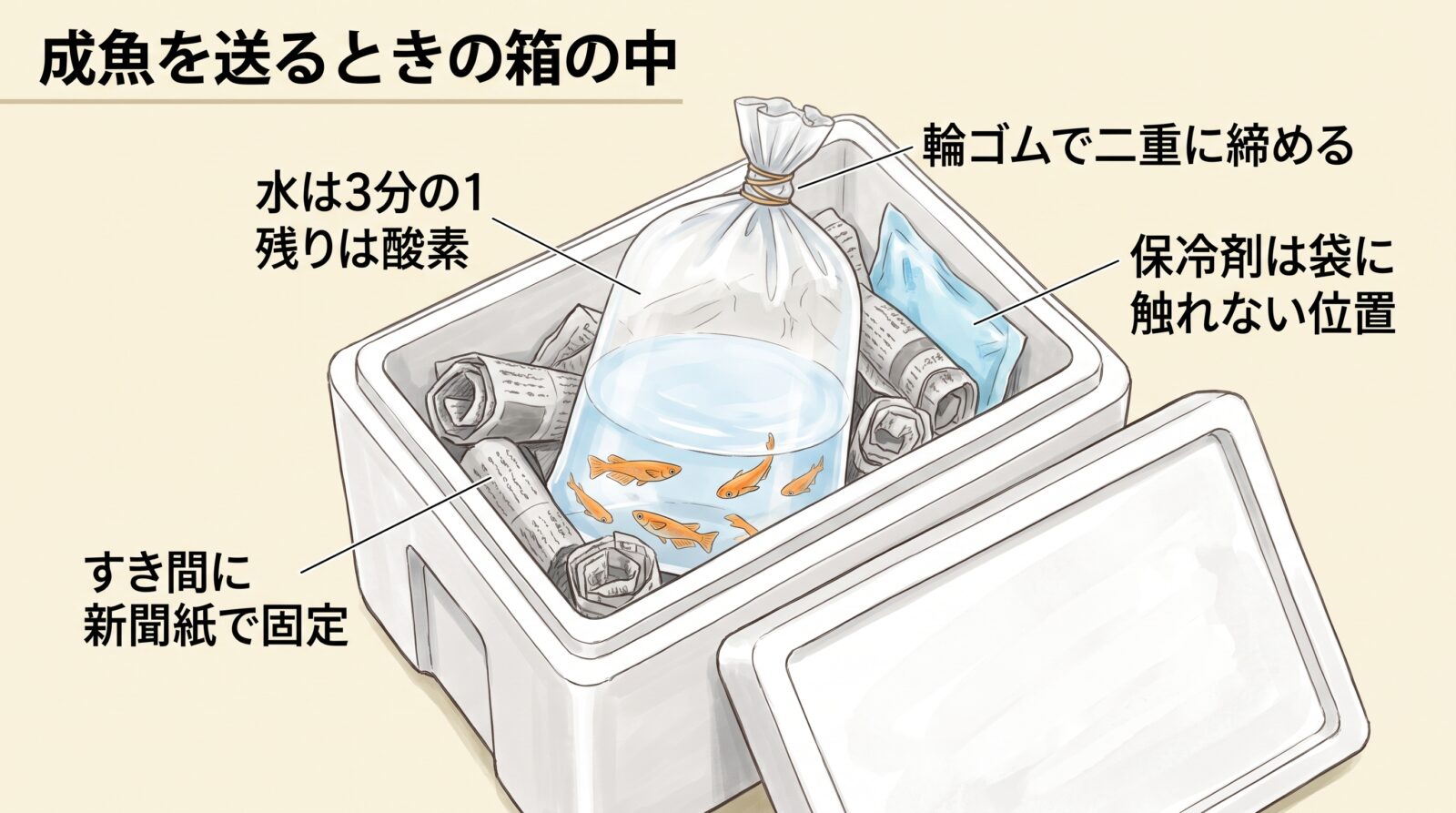 メダカの成魚を送るときの箱の中の図鑑ふうイラスト。発泡スチロールの箱に、丸底の袋を立てて入れる。水は3分の1で残りは酸素、袋の口は輪ゴムで二重に締める。すき間に新聞紙を詰めて固定し、保冷剤は袋に触れない位置に置く
