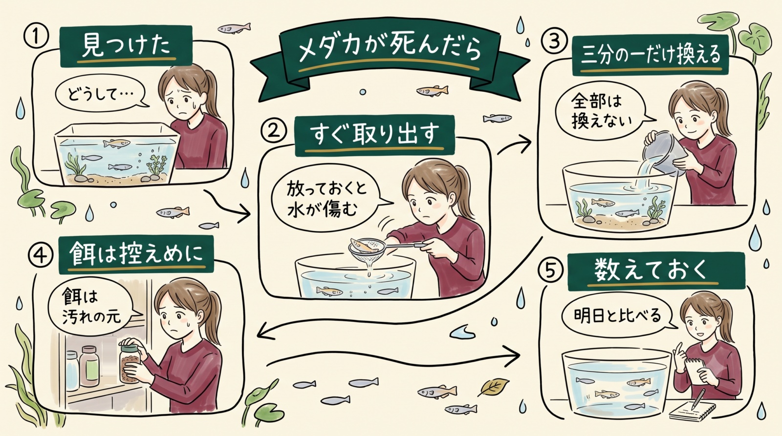 メダカが死んだらどうするかのグラレコ(グラフィックレコーディング)。見つけたらすぐ取り出し、水は三分の一だけ換え、餌は控えめにして、残りの数を数えておく