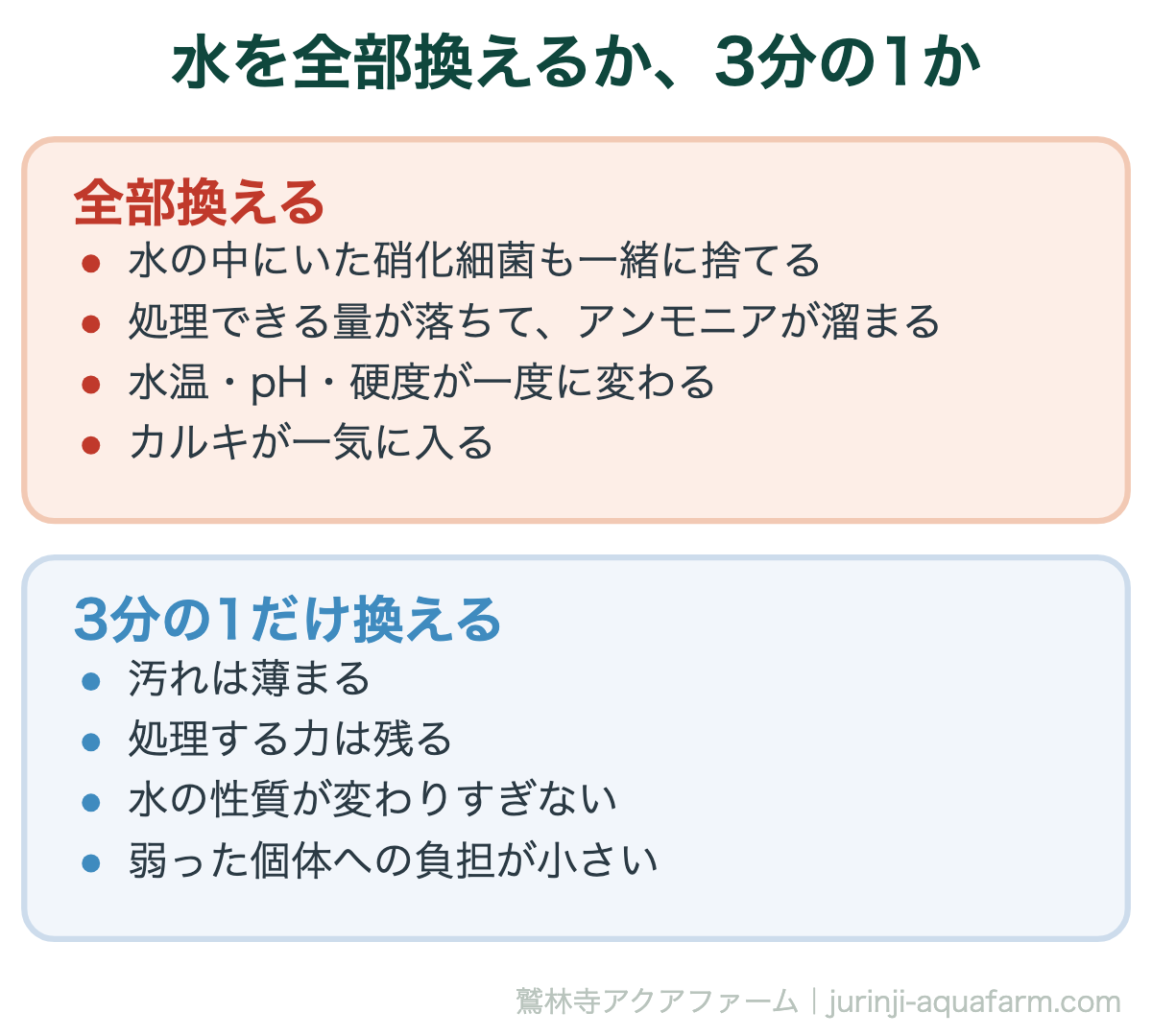 メダカが死んだときに水を全部換えるか3分の1にするかの比較。全部換えると水中の硝化細菌も捨てることになり処理できる量が落ち、水温やpHも一度に変わる。3分の1なら汚れは薄まり処理する力は残る