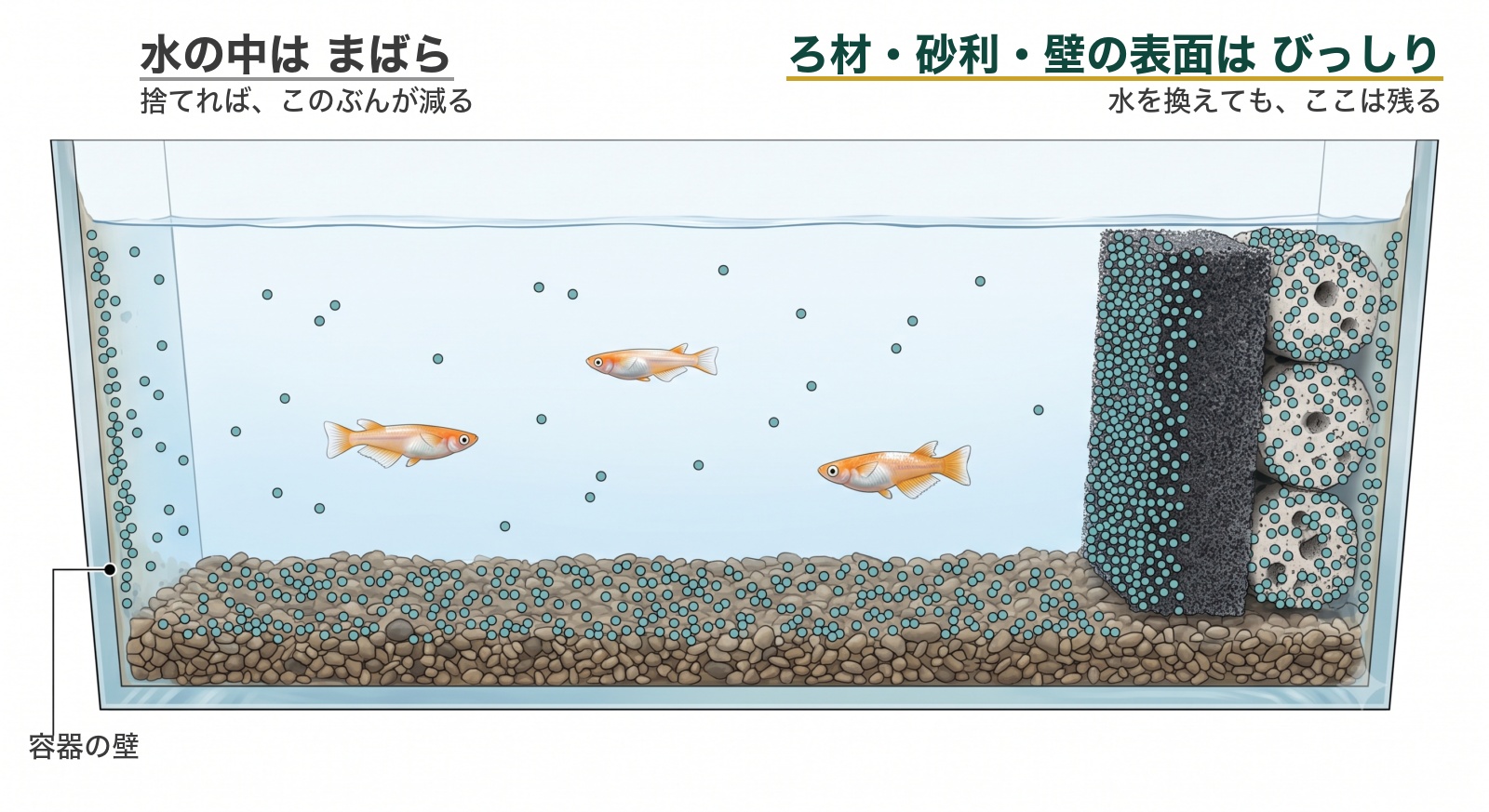メダカの容器の断面。水をきれいにする硝化細菌は、ろ材・砂利・容器の壁の表面にびっしり付き、水の中にはまばらにいる。水を換えても表面のぶんは残るが、水の中にいたぶんは減る
