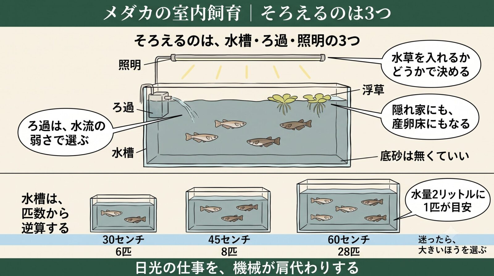 メダカの室内飼育でそろえる3つ。水槽・ろ過・照明の選び方と水槽サイズ別の匹数
