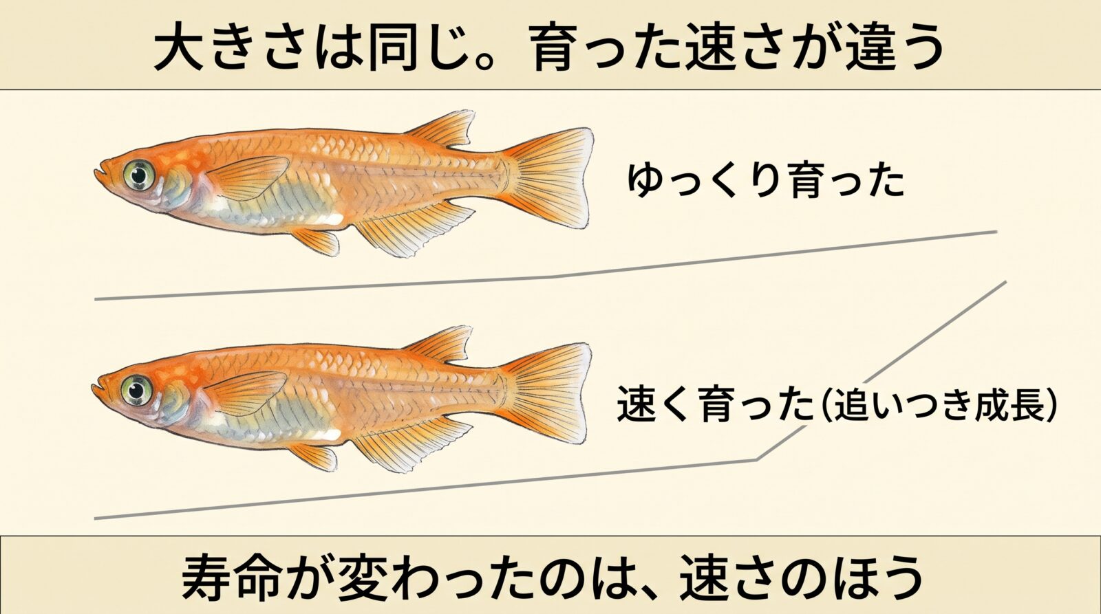 育つ速さと寿命の実験の挿絵。同じ大きさのメダカが2匹。ゆっくり育った魚と、追いつき成長で速く育った魚。大きさは同じでも、寿命が変わったのは育った速さのほう