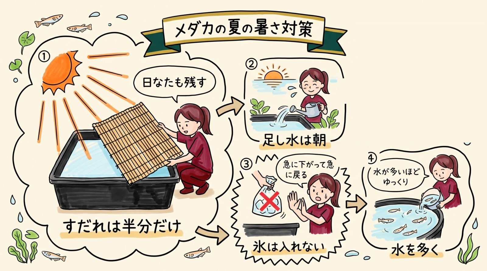 メダカの夏の暑さ対策のグラレコ(グラフィックレコーディング)。すだれは半分だけで日なたも残す、足し水は朝、氷は急に下がって急に戻るので入れない、水が多いほど水温はゆっくり動く