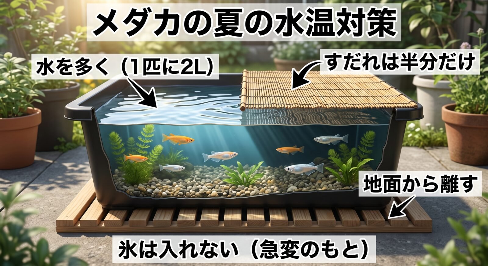 メダカの夏の水温対策の図解。すだれは容器の半分だけ、水は1匹に2リットル、すのこで地面から離す、氷は急変のもとになるので入れない