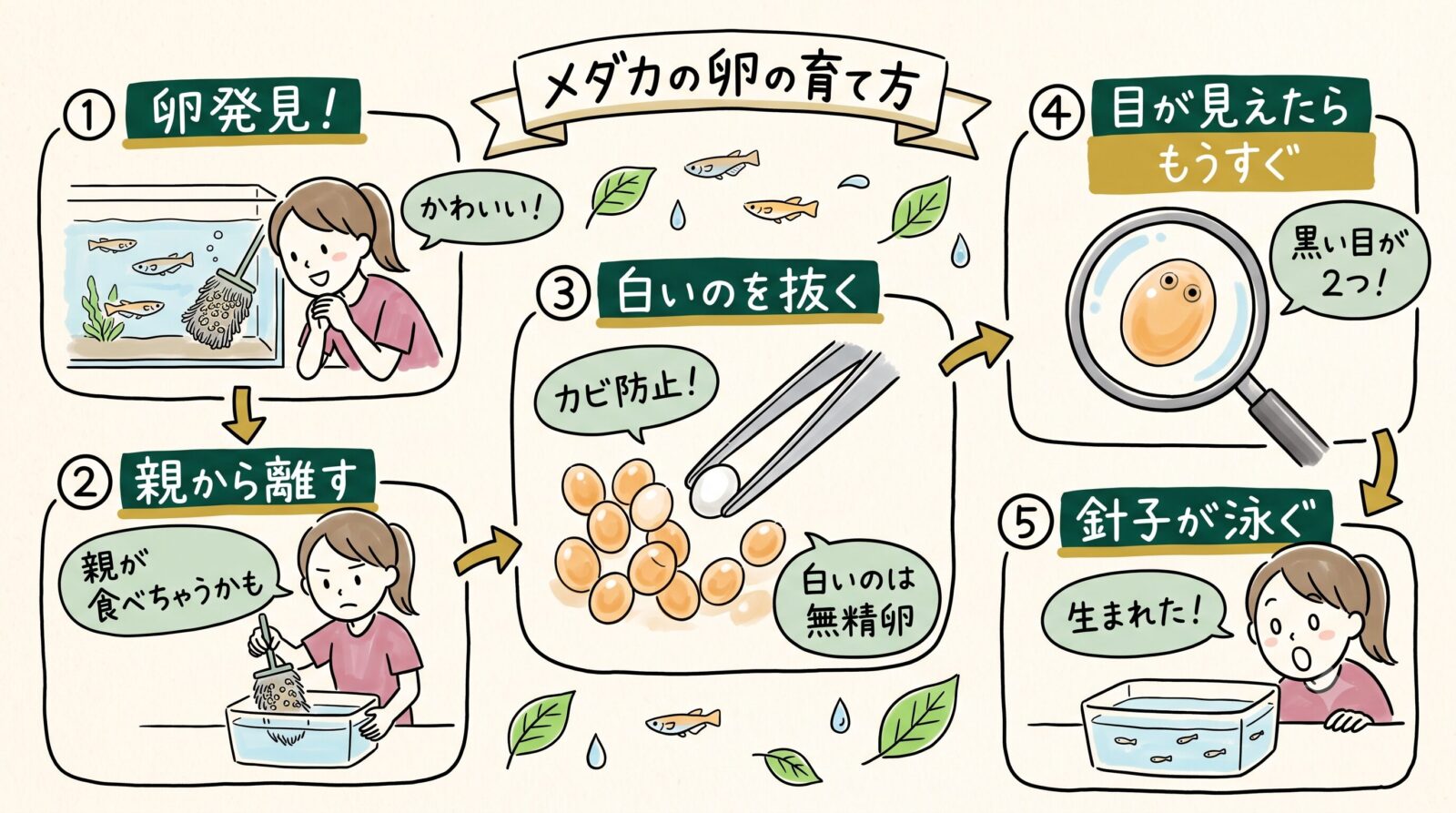 メダカの卵の育て方のグラレコ（グラフィックレコーディング）。卵を見つける、産卵床ごと親から離す、白く濁った無精卵を抜く、黒い目が2つ見えたら孵化間近、針子が泳ぎ出す