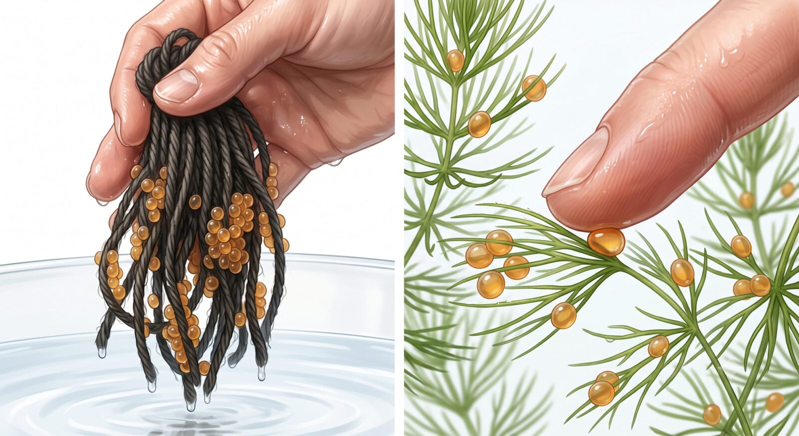 メダカの卵の取り方。産卵床ごと持ち上げる方法と、水草の卵を指の腹で転がして外す方法