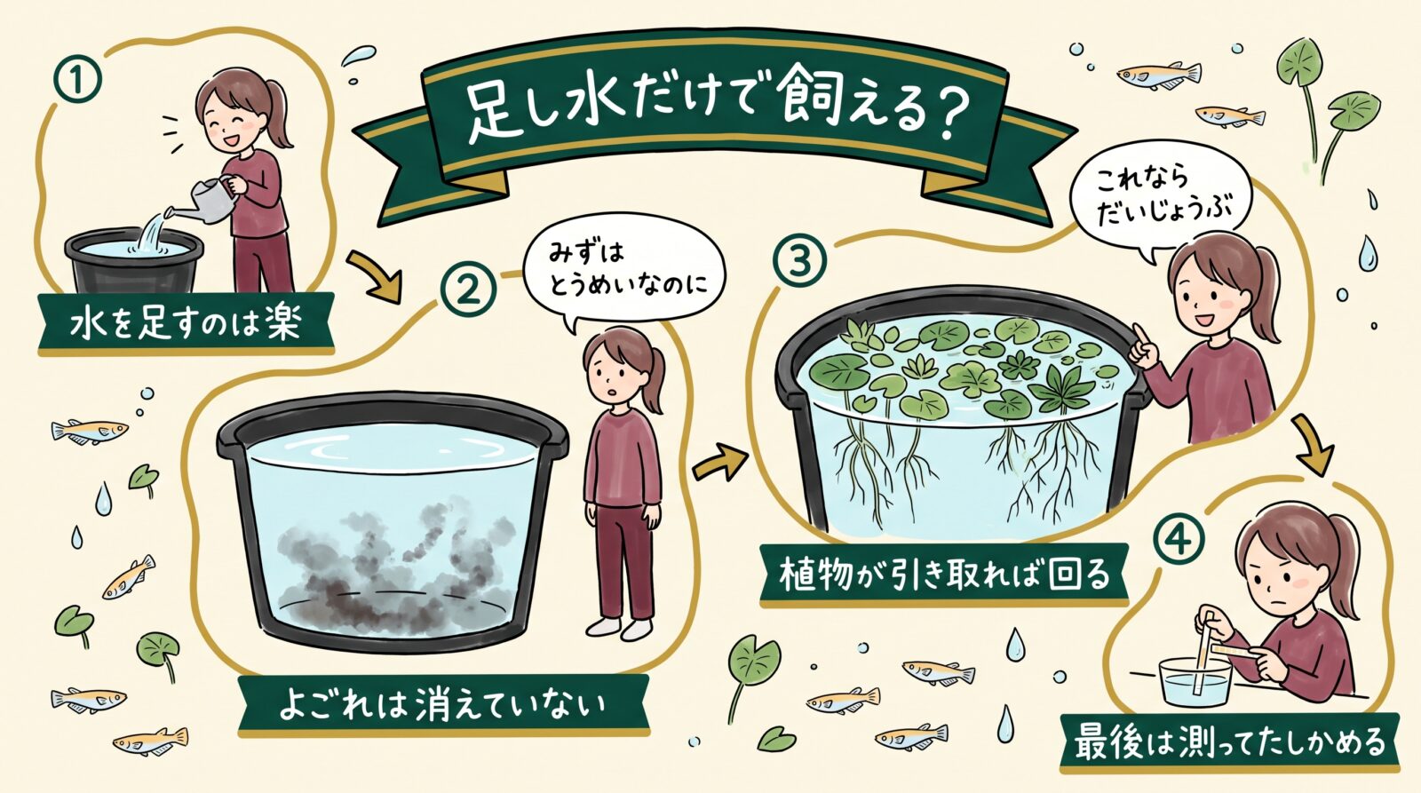 メダカを足し水だけで飼えるかを4場面で描いたグラフィックレコーディング。水を足すのは楽、しかし汚れは消えていない、植物が硝酸を引き取れば回る、最後は試験紙で測って確かめる、という流れ