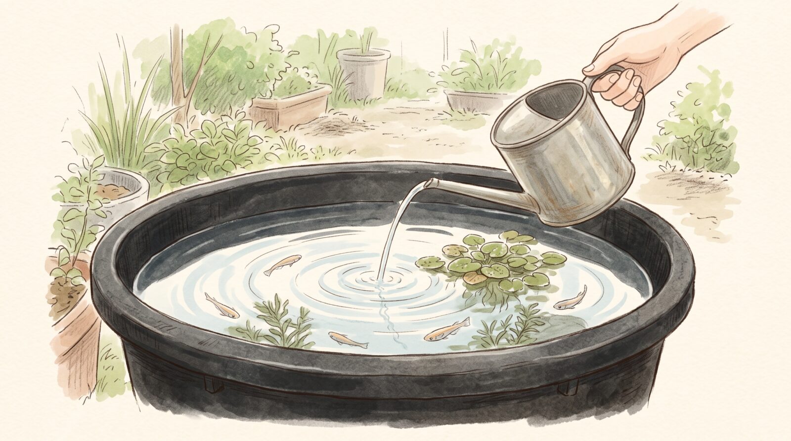 黒いメダカの容器にジョウロでそっと足し水をしているイラスト。水面に波紋が広がり、メダカが泳ぎ、浮草が浮かんでいる