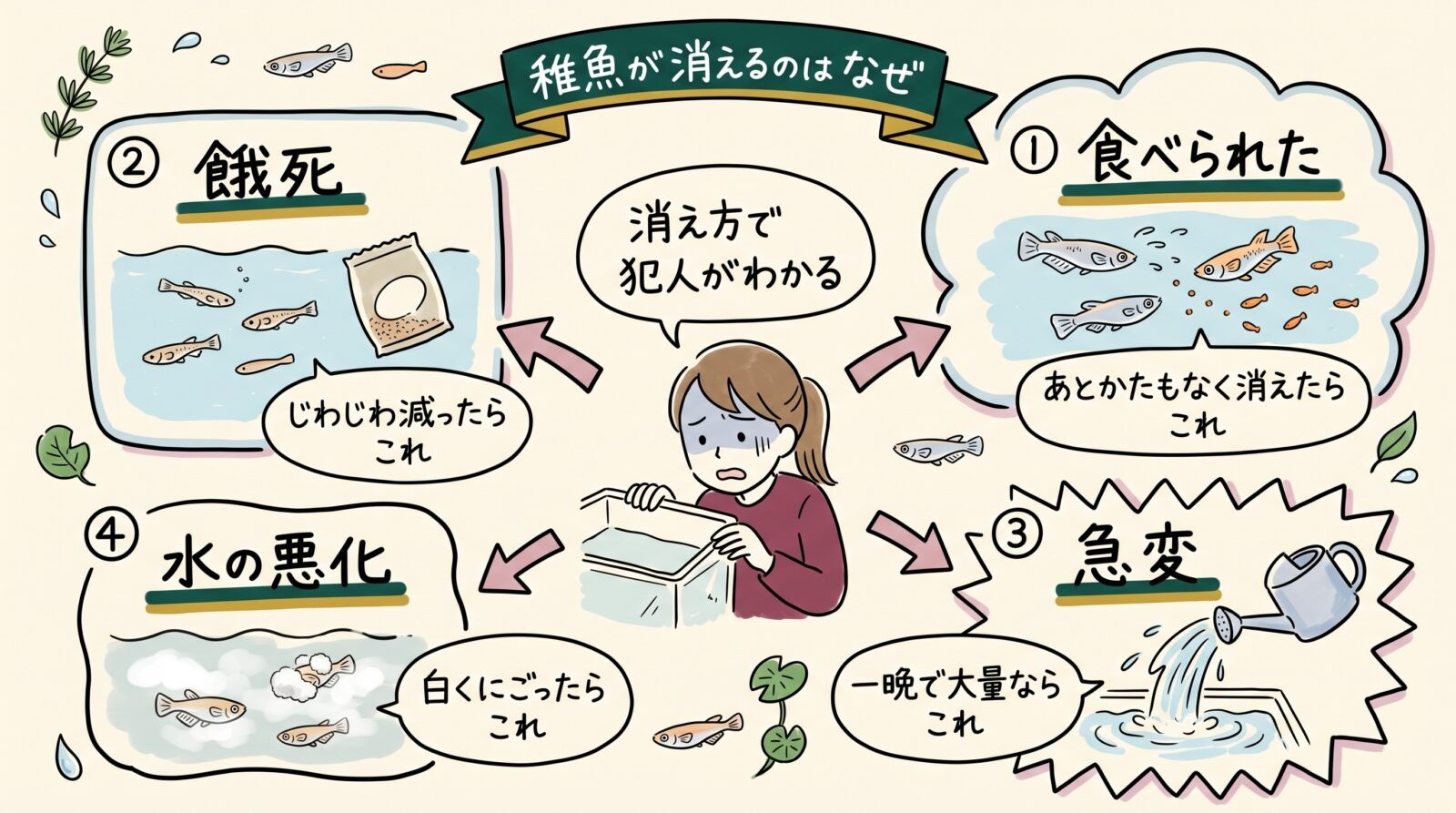 メダカの稚魚が消える原因を消え方で見分けるグラレコ(グラフィックレコーディング)。あとかたもなく消えたら食べられた、じわじわ減ったら餓死、一晩で大量なら急変、白くにごったら水の悪化