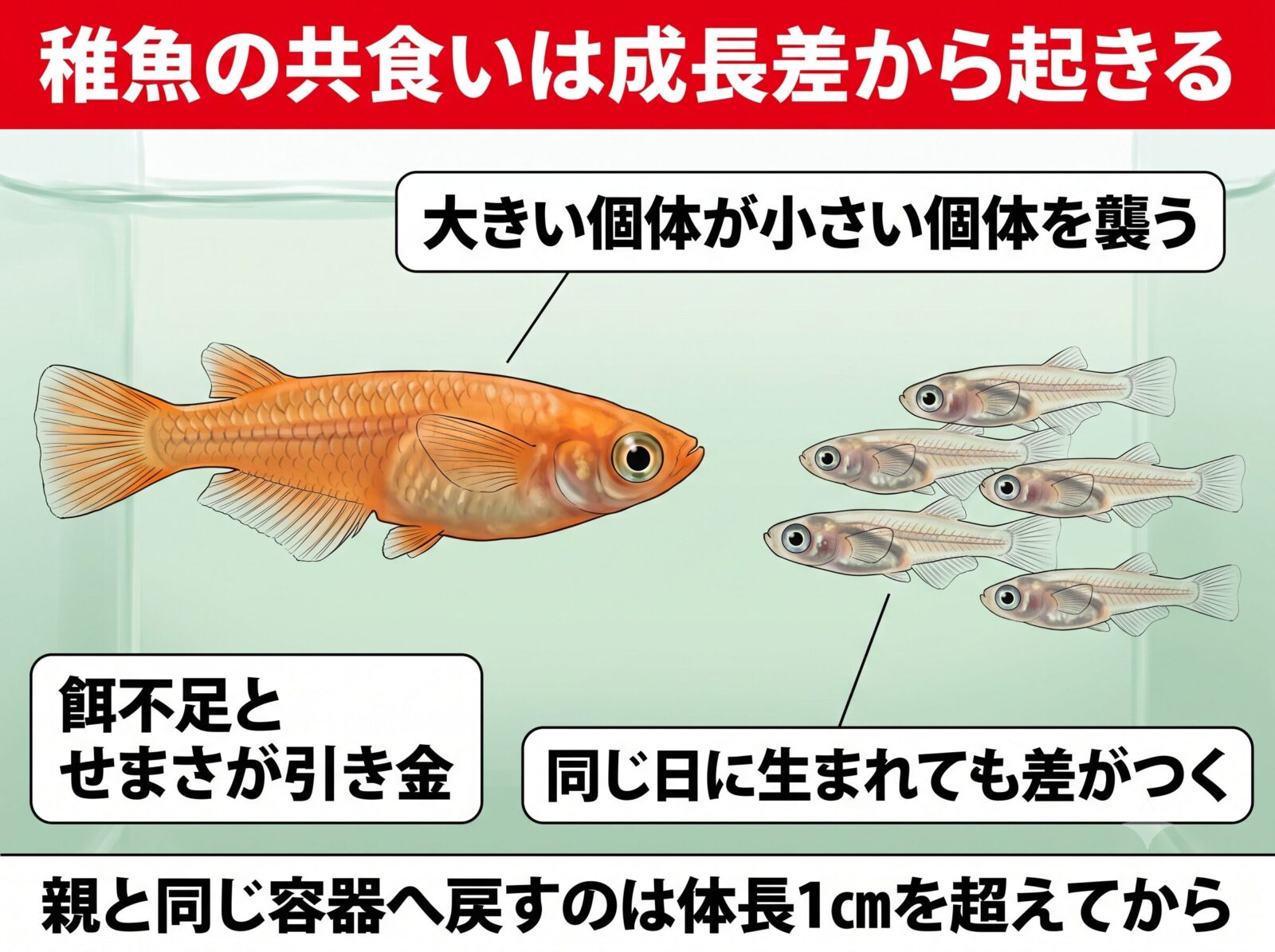 メダカの稚魚の共食いの図解。成長差から大きい個体が小さい個体を襲う。親と同じ容器へ戻すのは体長1センチを超えてから