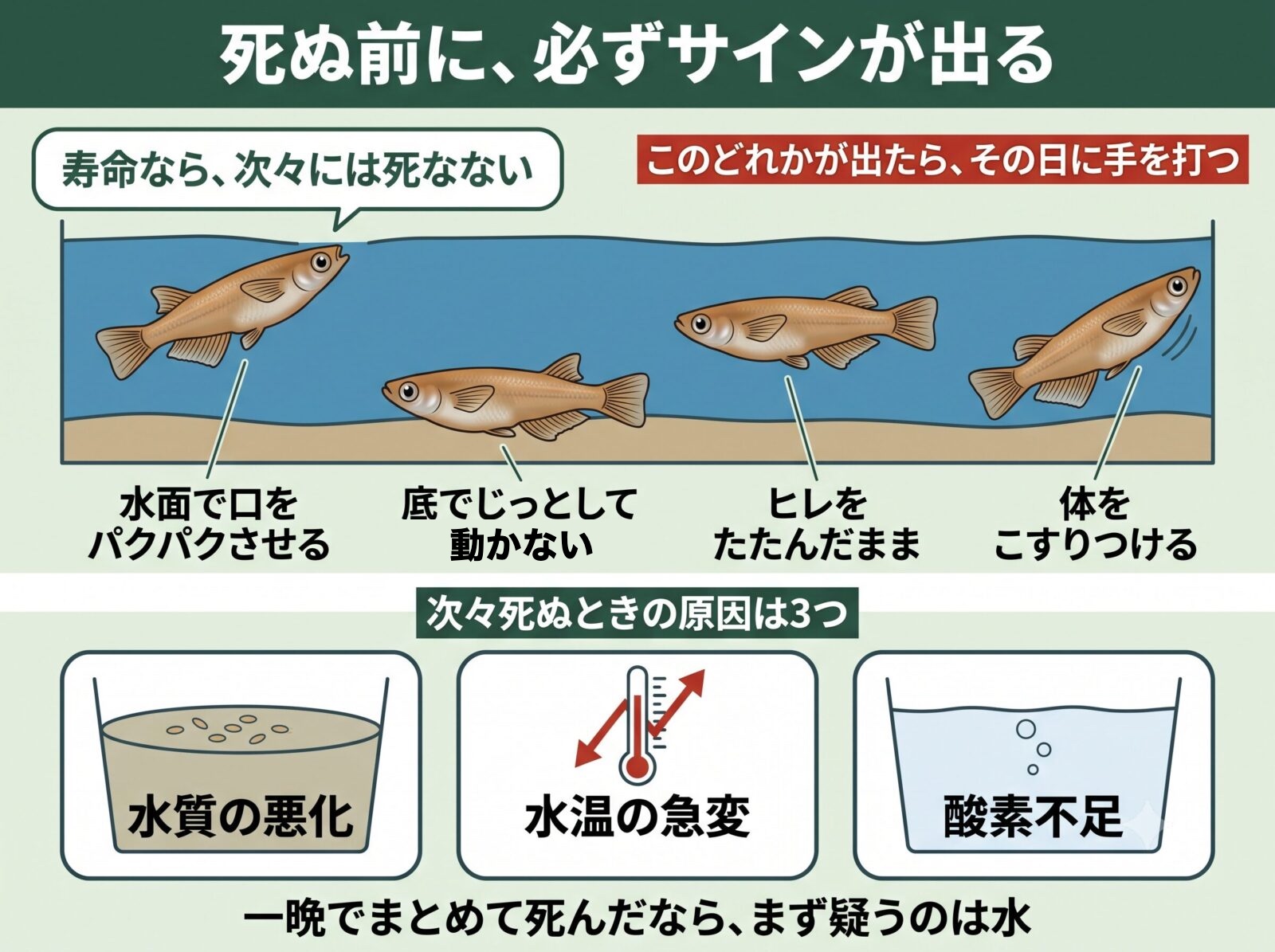 メダカが死ぬ前に出る4つのサイン。水面で口をパクパク・底で動かない・ヒレをたたむ・体をこすりつける
