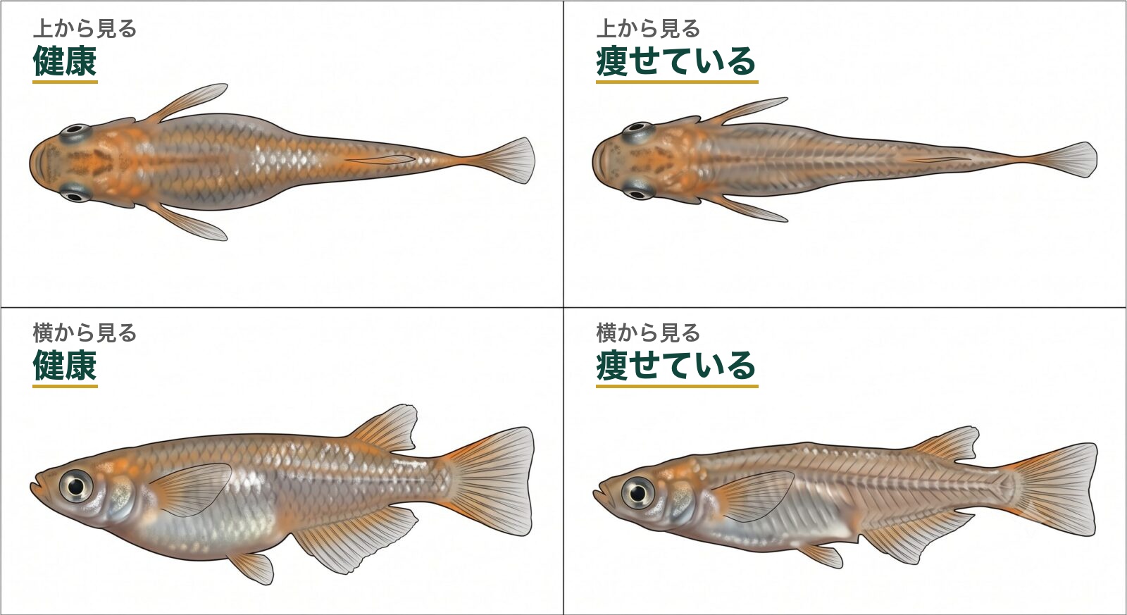 痩せたメダカと健康なメダカの見分け方。上から見ると健康な個体は頭よりお腹がふっくら、痩せた個体は頭だけ大きくおたまじゃくしのような姿。横から見ると腹の丸みが消えて体高が減る