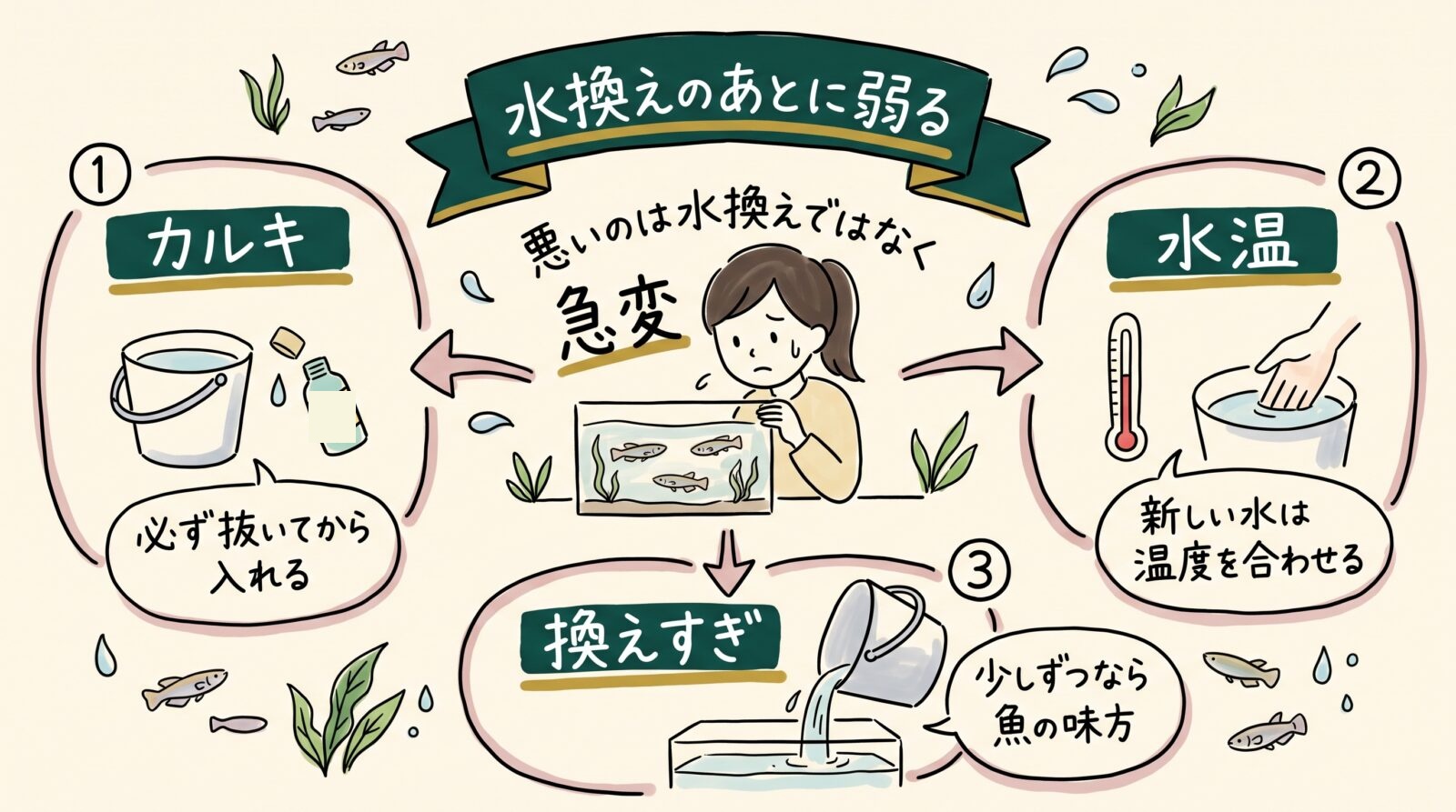 水換えのあとにメダカが弱る理由のグラレコ(グラフィックレコーディング)。悪いのは水換えではなく急変。カルキは必ず抜いてから入れる。新しい水は温度を合わせる。換えるのは少しずつなら魚の味方