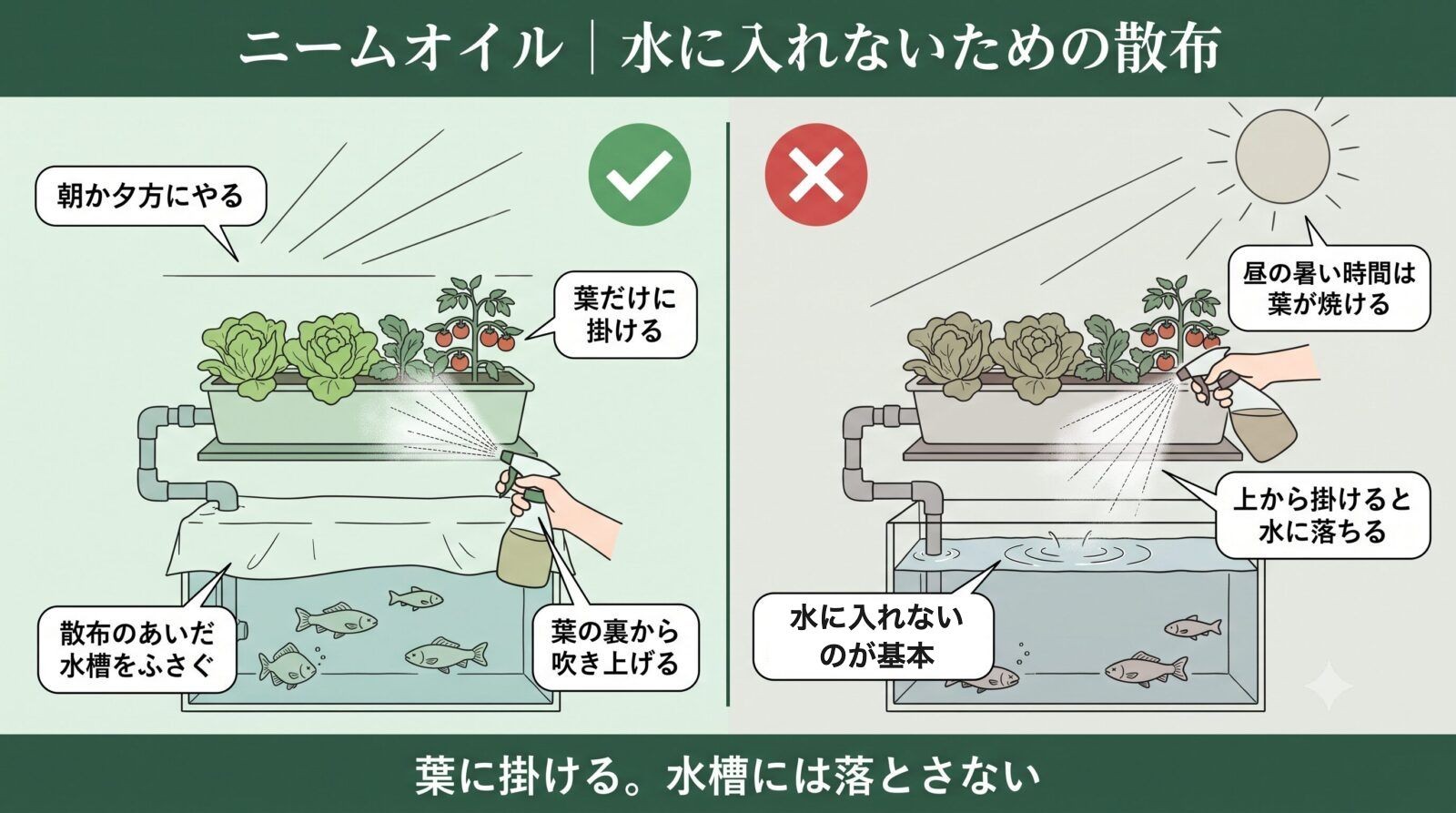 アクアポニックスで資材を散布するときのやり方。水槽をふさぎ、葉の裏から吹き上げる